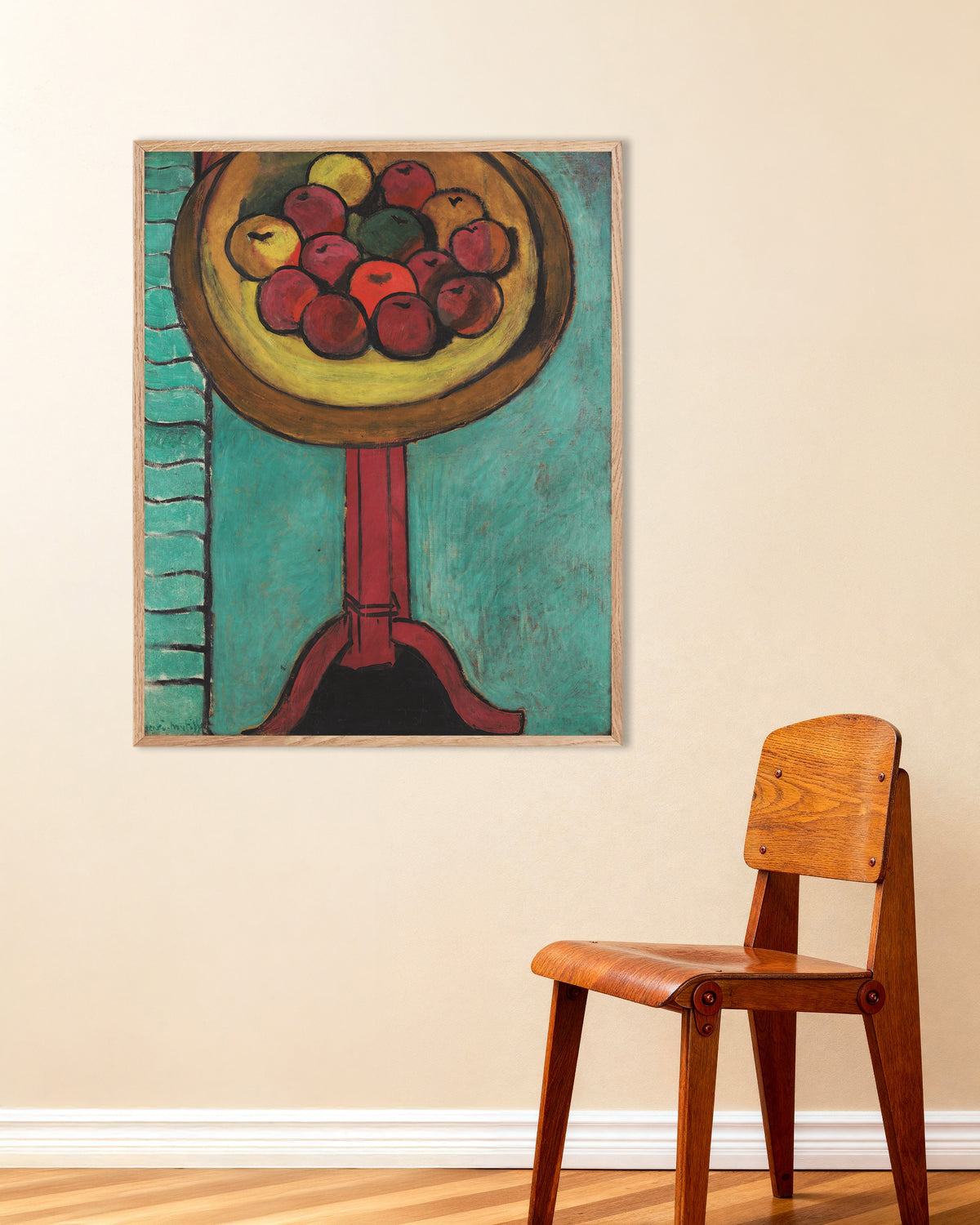 Poster di Ciotola di mele su un tavolo (1916) di Henri Matisse, con cornice in legno naturale