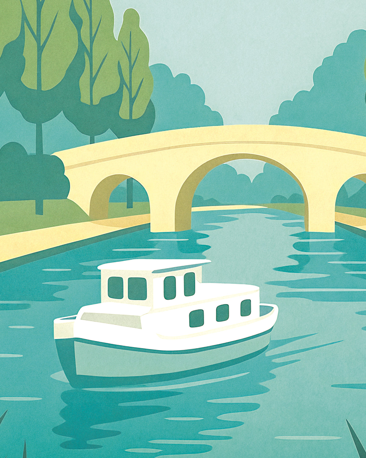 Illustrazione stilizzata di una barca bianca sull’acqua color teal, sotto un ponte giallo pallido, con alberi verdi sullo sfondo.