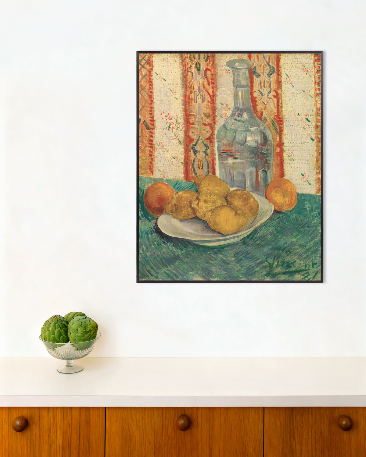 Poster di Caraffa e piatto con agrumi (1887) di Vincent van Gogh, con cornice in metallo