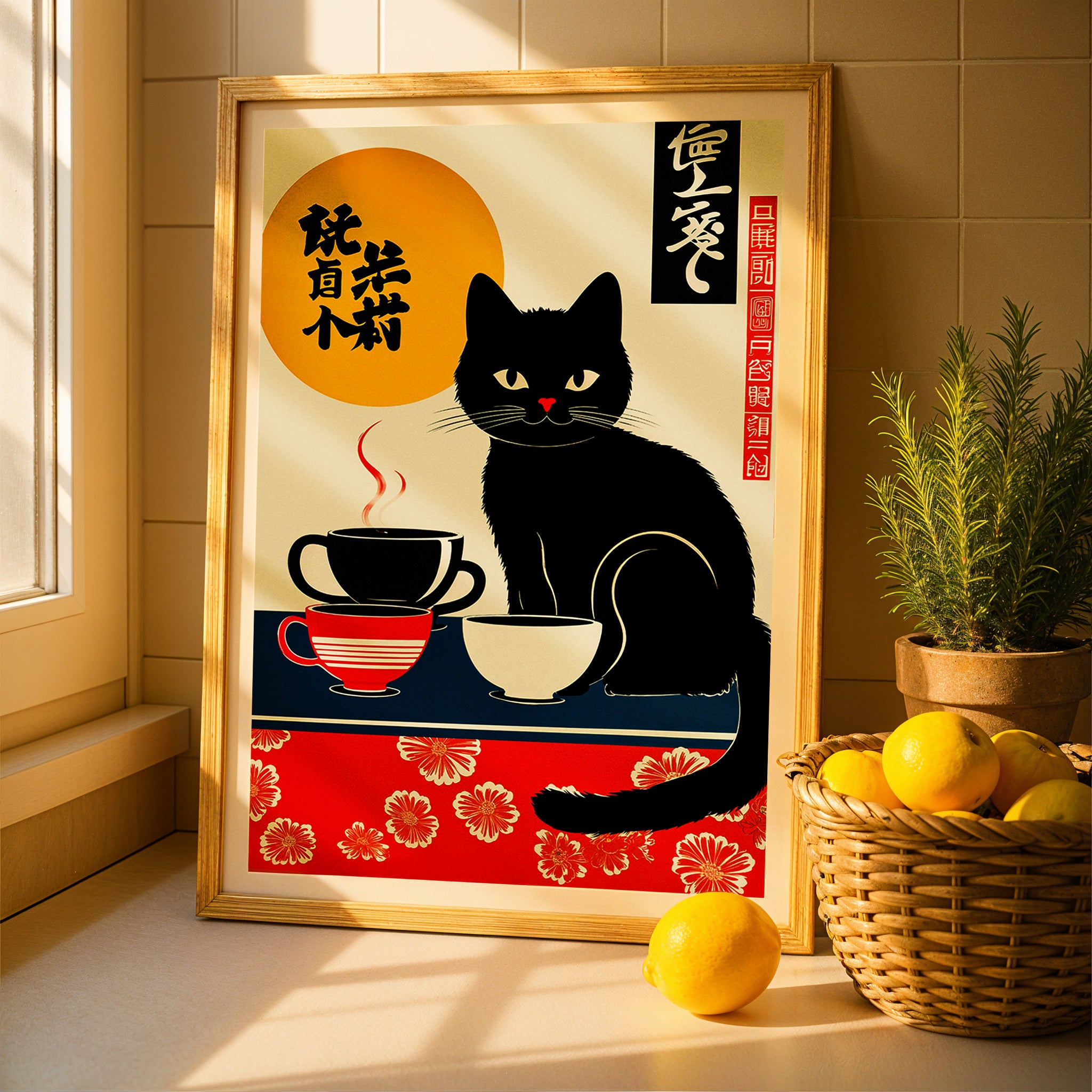 Poster giapponese, gatto con tazze di caffè