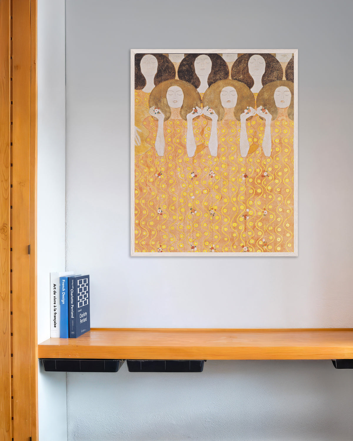 Poster Coro degli angeli del paradiso, Fregio di Beethoven (1902) di Gustav Klimt con cornice in legno bianco