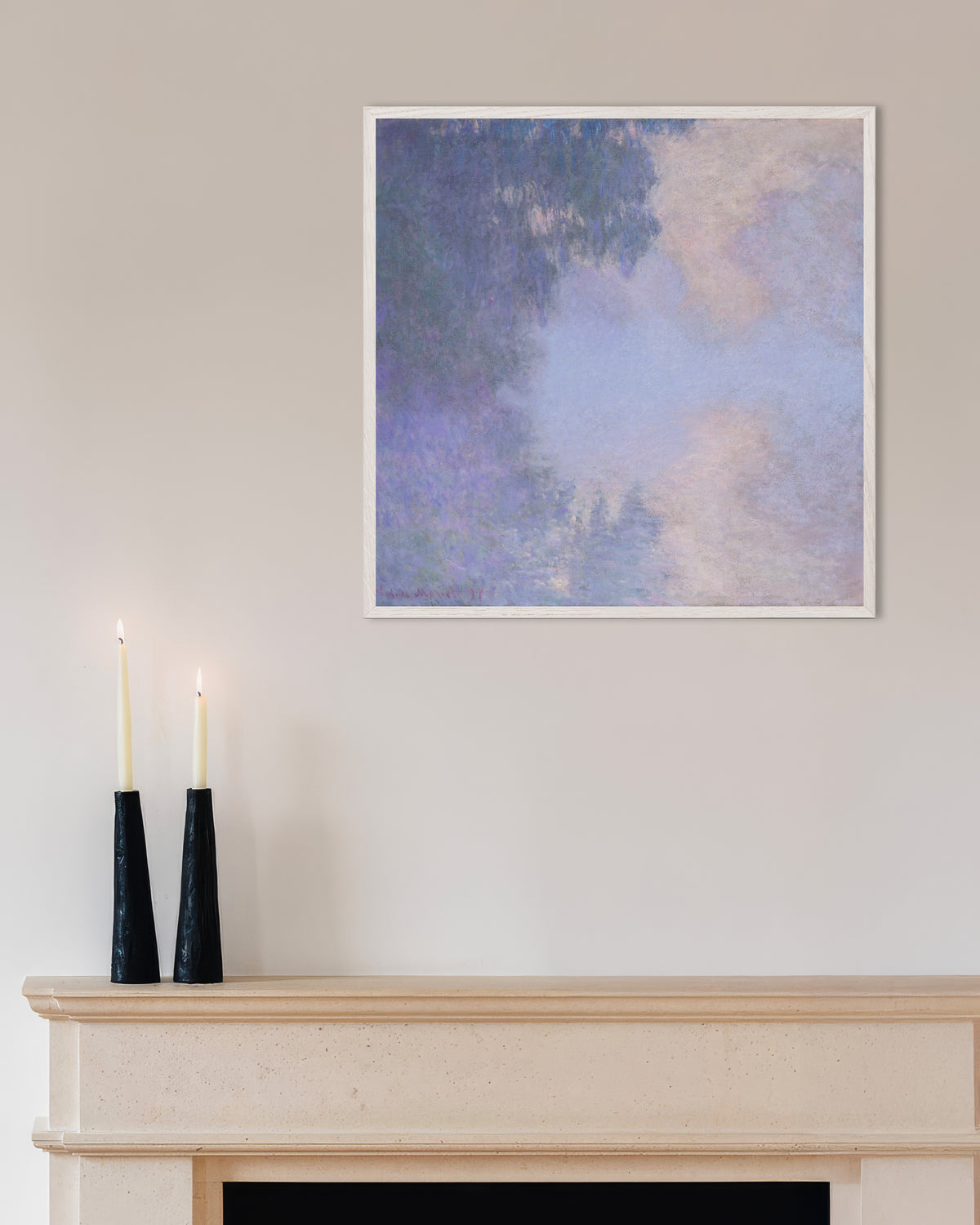 Poster Braccio della Senna vicino a Giverny, nebbia (1897) di Claude Monet con cornice in legno bianco
