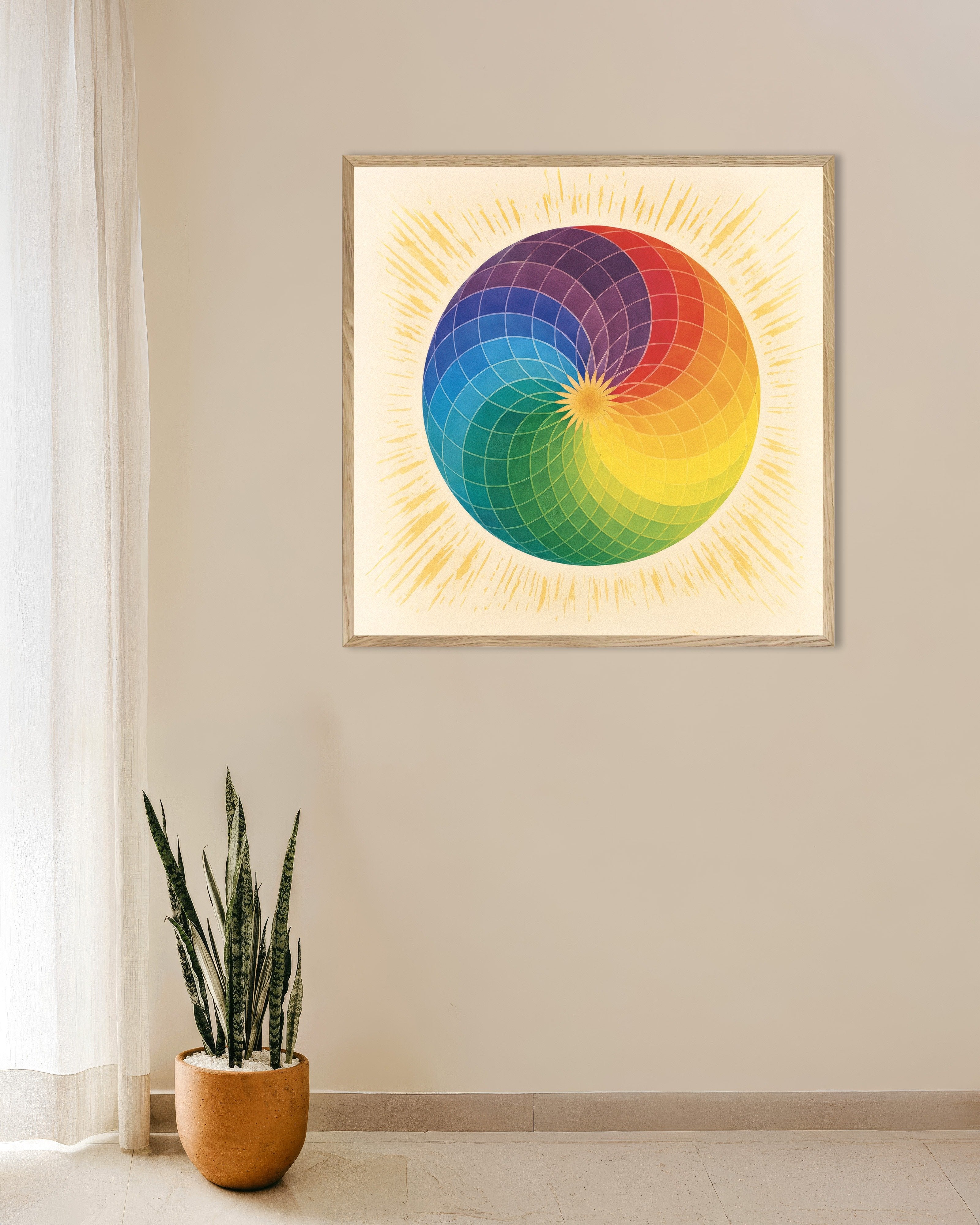 Poster of Color wheel mandala art print, with natural wooden frame