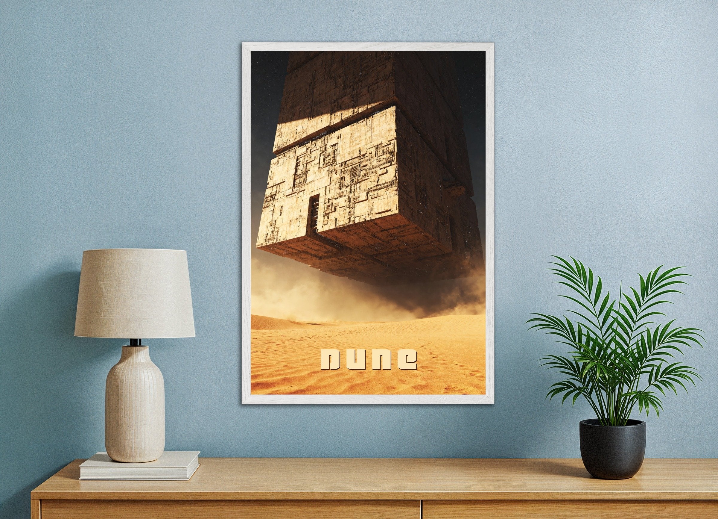 Poster of Colossal Desert Cube, Dune, Sci-Fi Megastructure Art Print, with white wooden frame