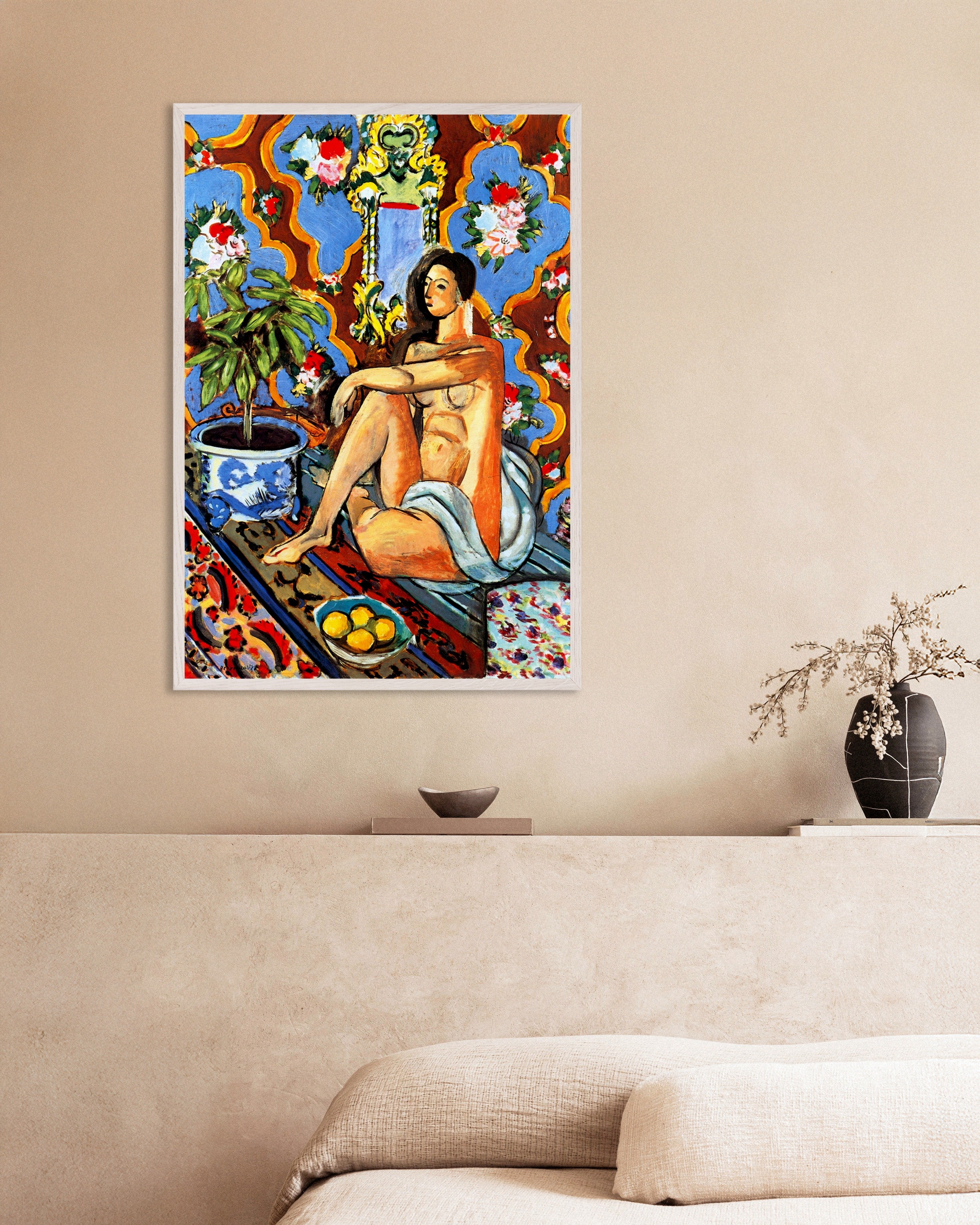 Poster of Decorative Figure on an Ornamental Background (1925) by Henri Matisse, with white wooden frame