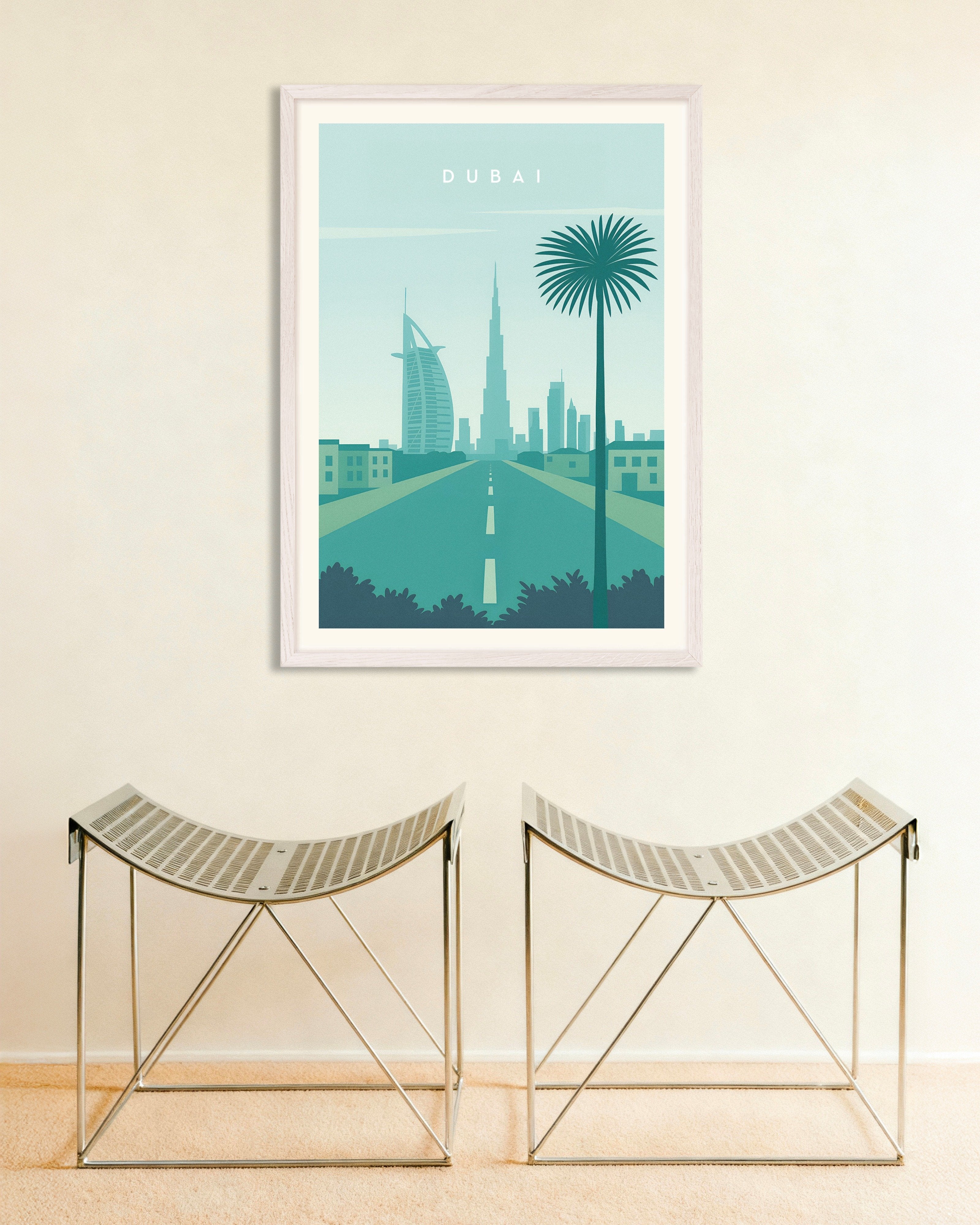 Poster of Dubai Skyline Wall Art Print, with white wooden frame
