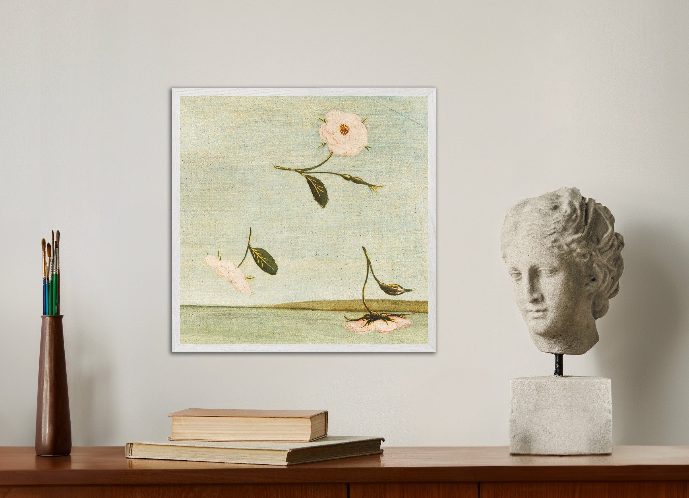 Poster of Falling Flowers from Botticelli’s Venus, with white wooden frame