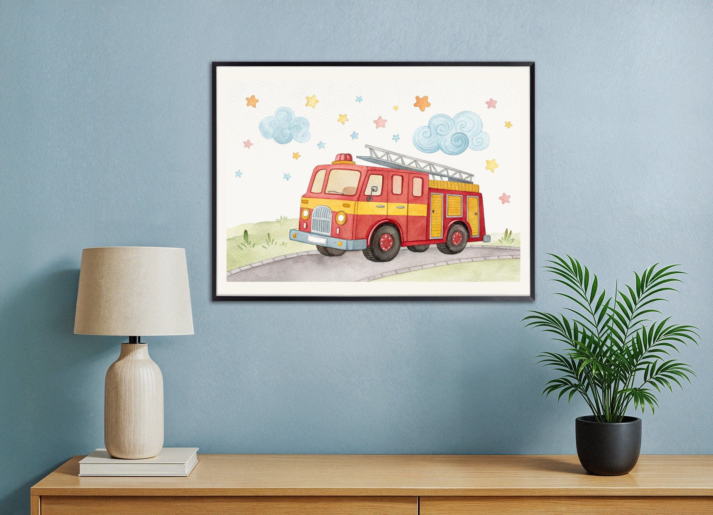 Poster of Fire Truck Poster - Boys Nursery Wall Art, with metal frame