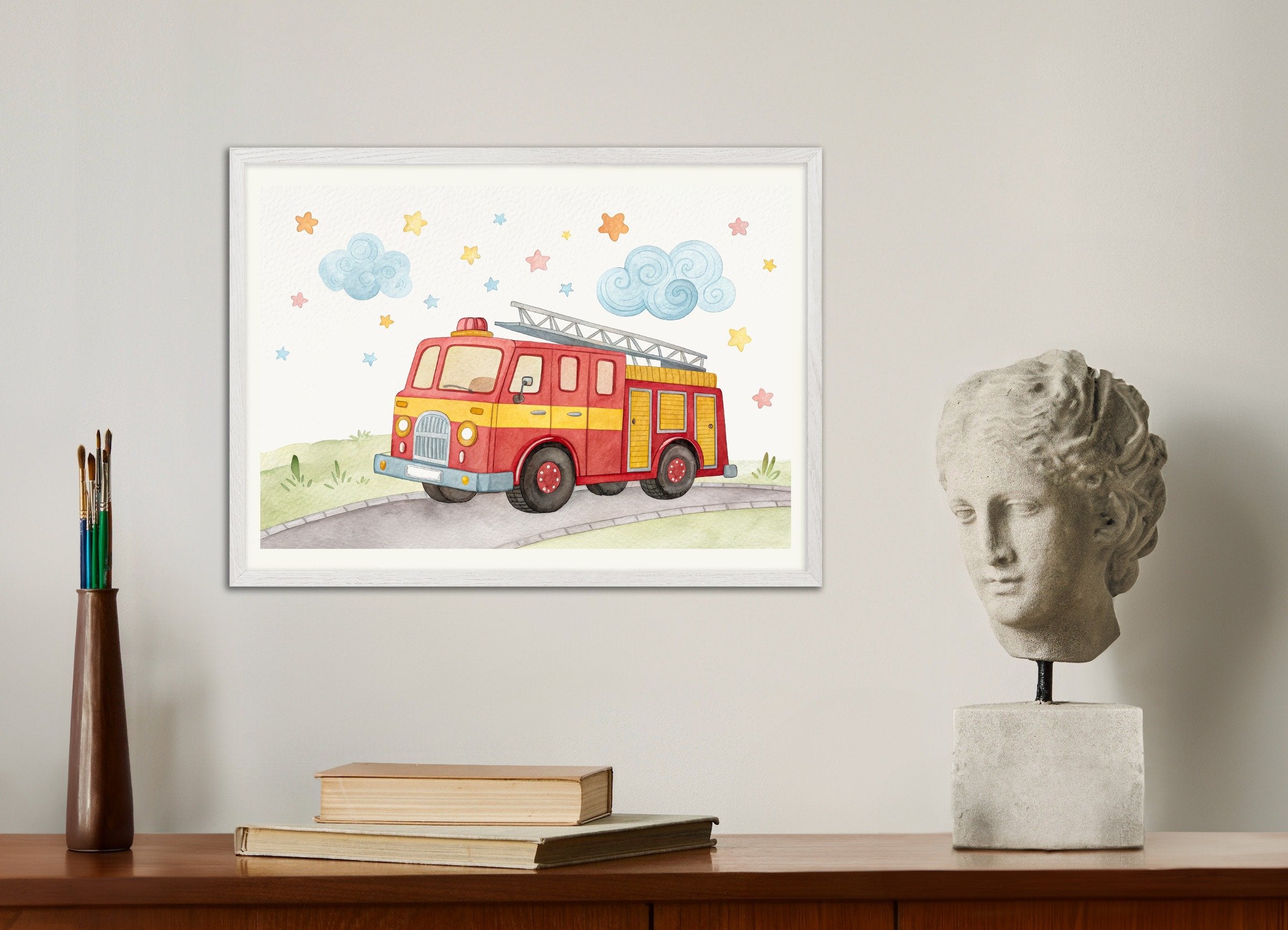 Poster of Fire Truck Poster - Boys Nursery Wall Art, with white wooden frame