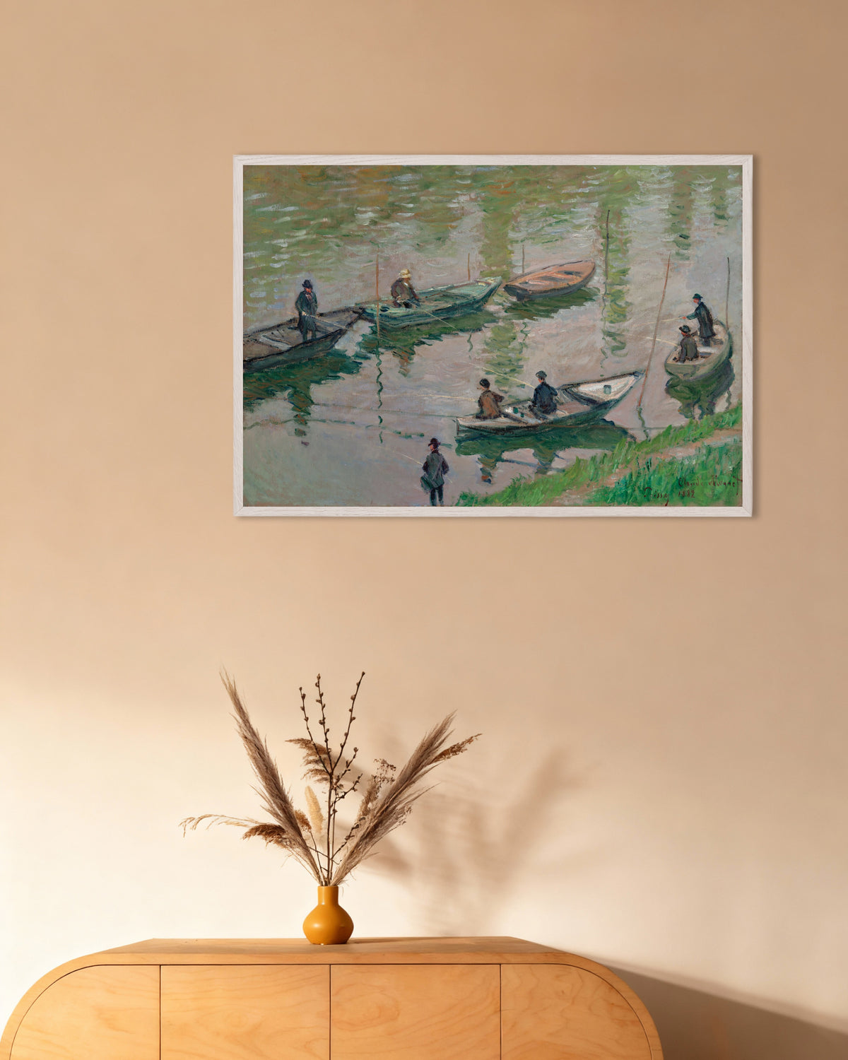 Poster Pescatori sulla Senna a Poissy (1882) di Claude Monet con cornice in legno bianco
