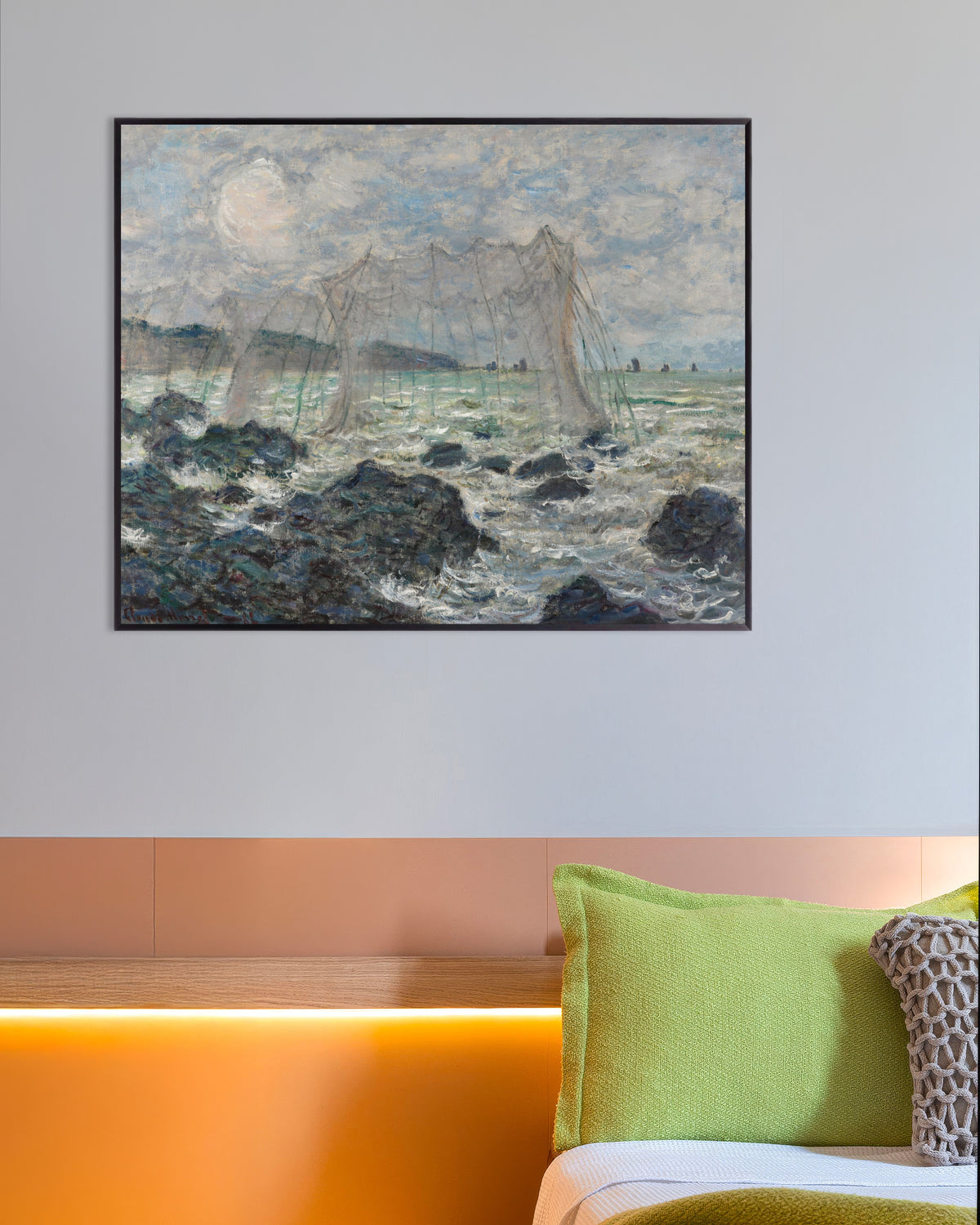 Poster Reti da pesca a Pourville (1882) di Claude Monet con cornice in metallo