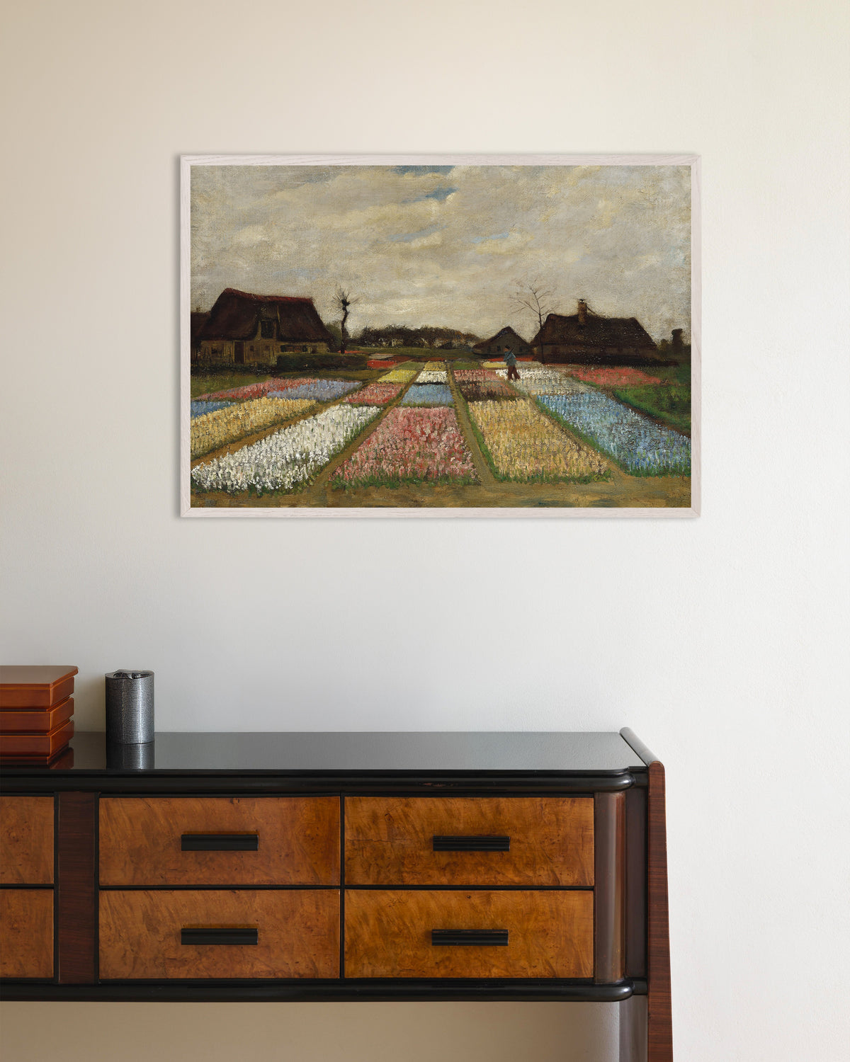 Poster di Aiuole fiorite in Olanda (ca. 1883) di Vincent van Gogh, con cornice in legno bianco