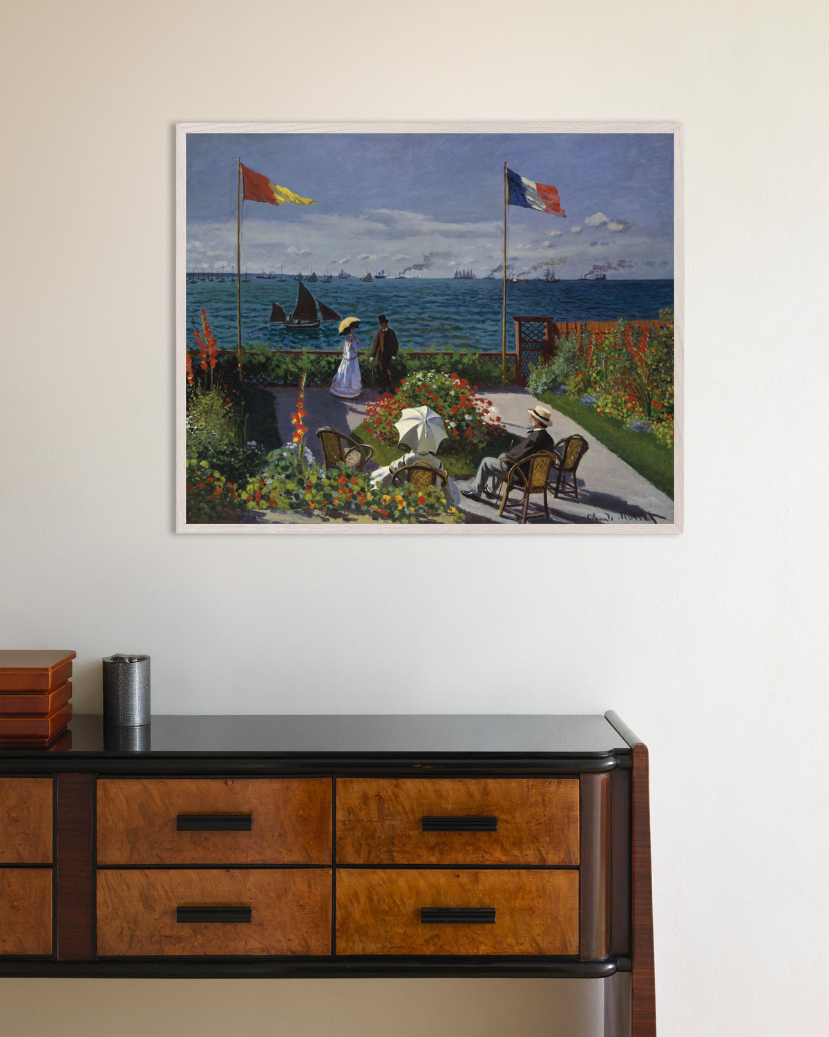 Poster Giardino a Sainte-Adresse (1867) di Claude Monet con cornice in legno bianco