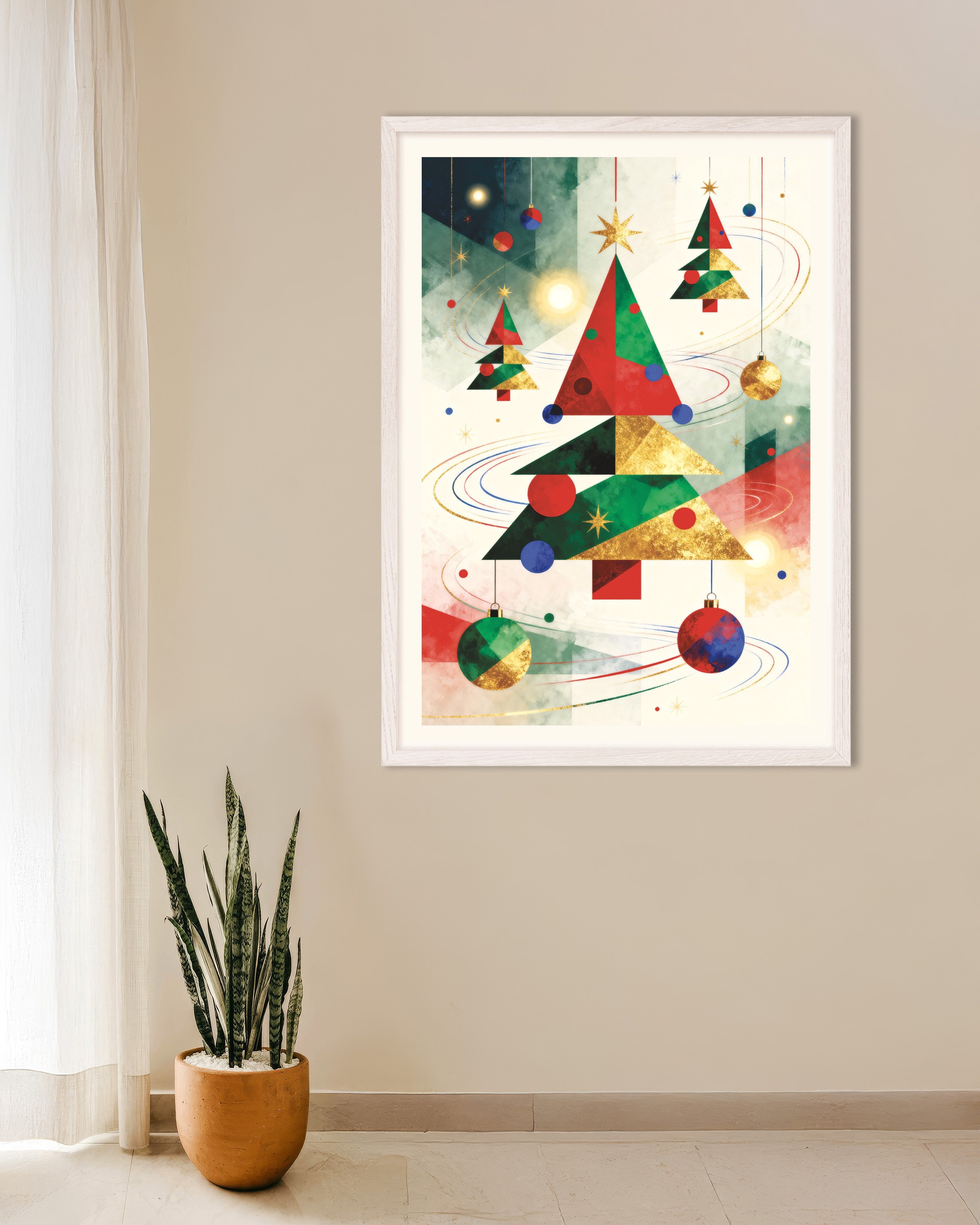 Poster of Geometric Christmas trees poster, with white wooden frame