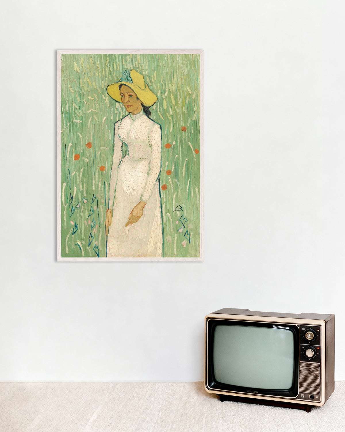 Poster di Ragazza in bianco (1890) di Vincent van Gogh, con cornice in legno bianco