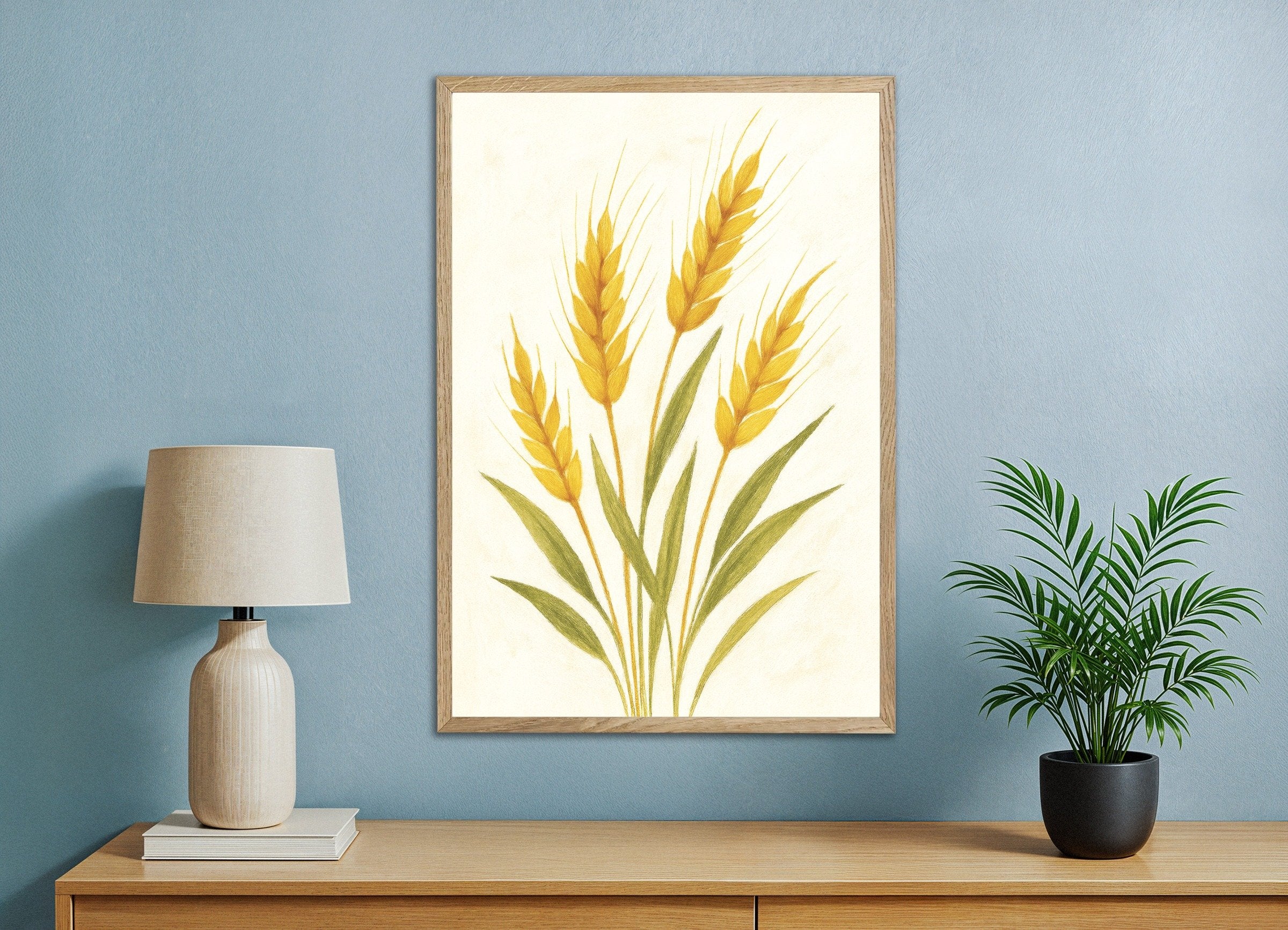 Poster of Golden wheat botanical art print, with natural wooden frame