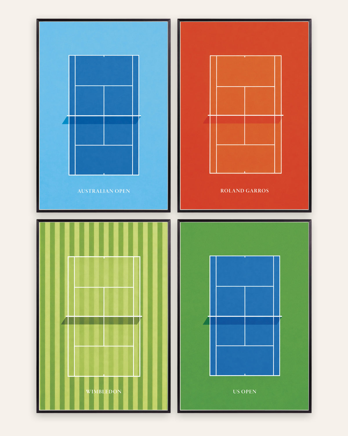 Poster tennis Grande Slam, set da 4: Australian Open, Roland Garros, Wimbledon e US Open, con cornici in metallo nero