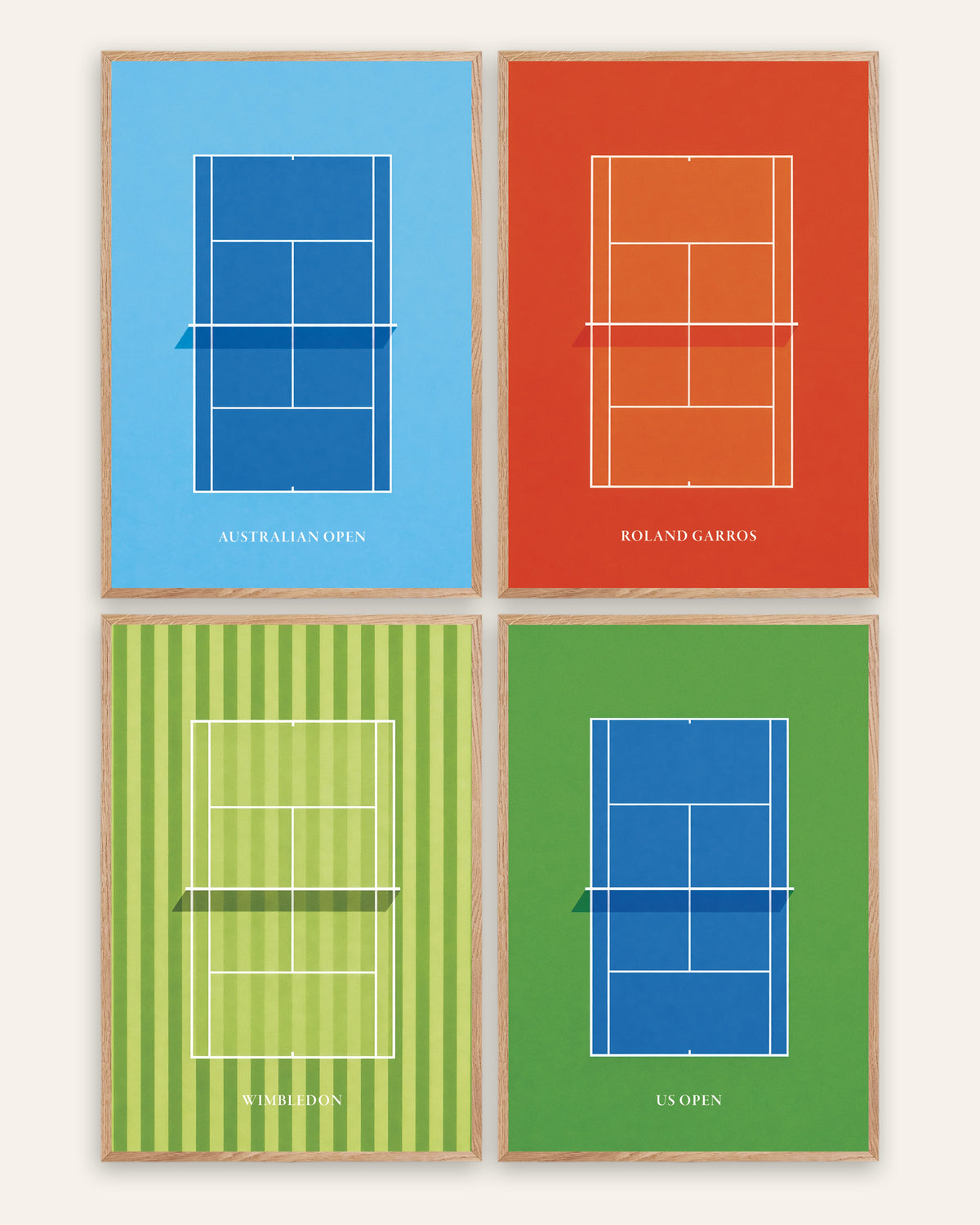 Poster tennis Grande Slam, set da 4: Australian Open, Roland Garros, Wimbledon e US Open, con cornici in rovere naturale