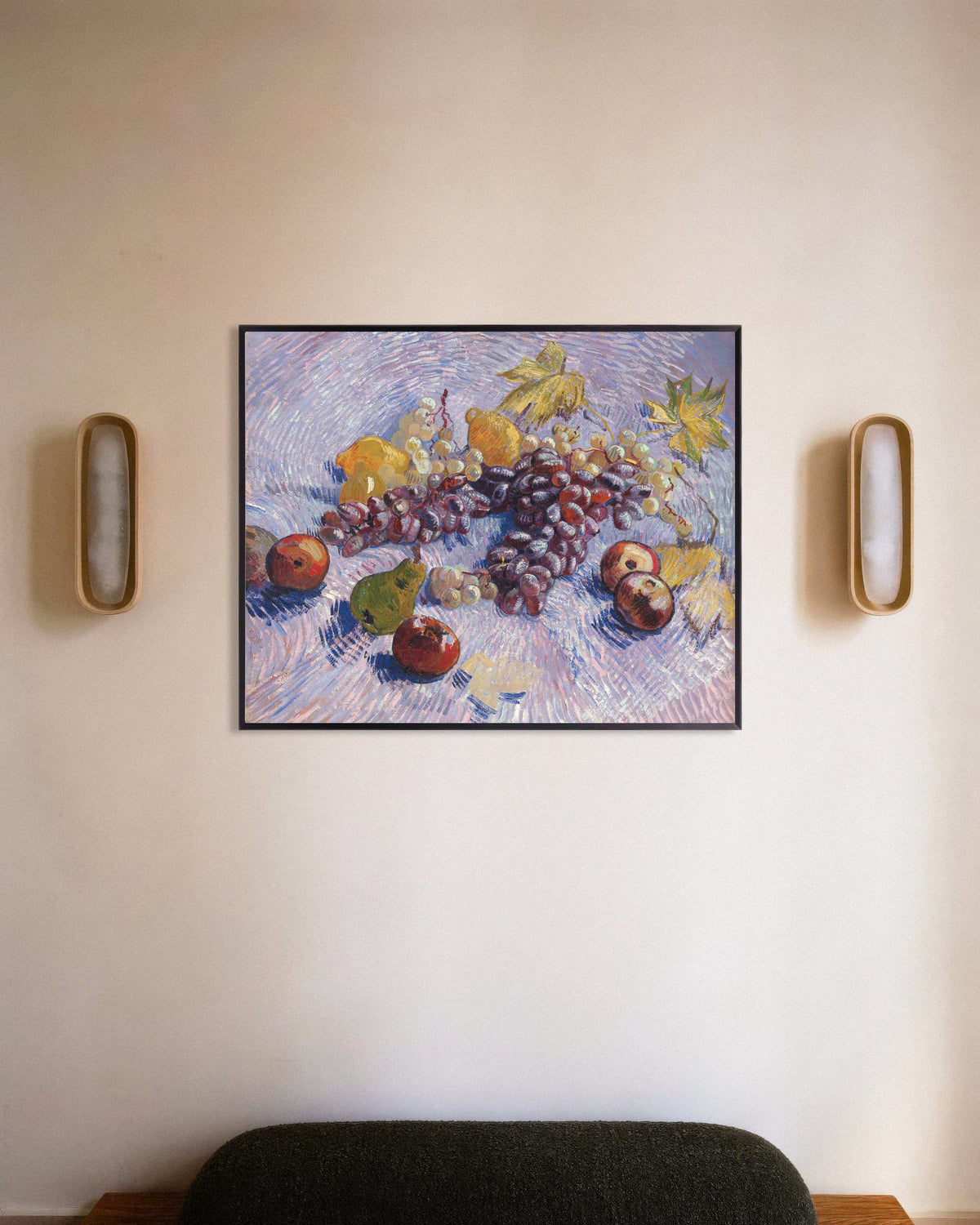 Poster di Uva, limoni, pere e mele (1887) di Vincent van Gogh, con cornice in metallo