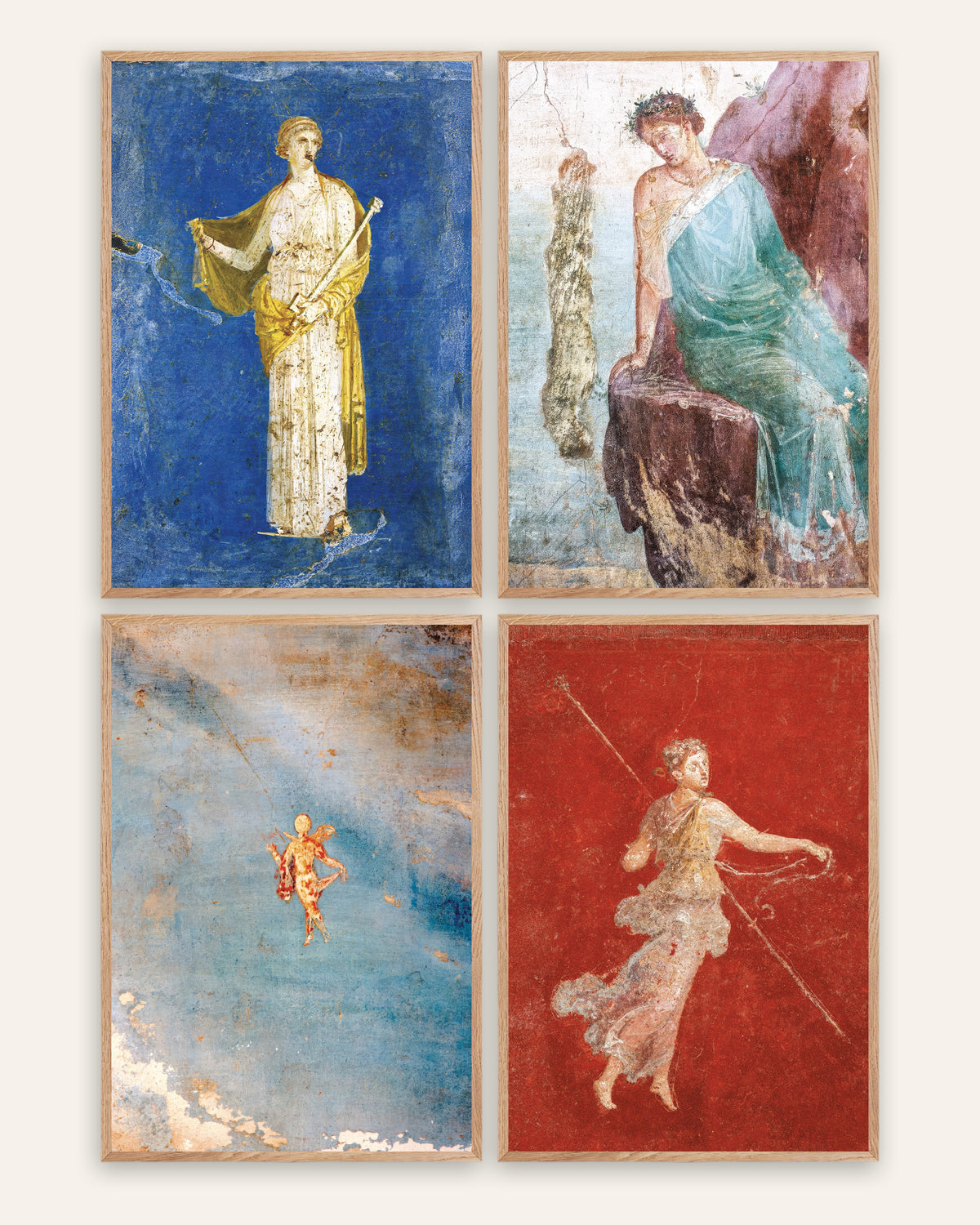 Poster affreschi romani, set da 4: Medea, Icaro, Psiche e menade, con cornici in rovere naturale