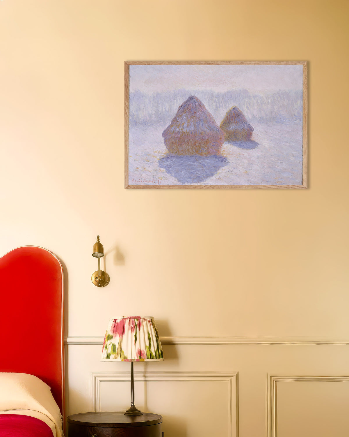 Poster Covoni, effetto di neve e sole (1891) di Claude Monet con cornice in legno naturale