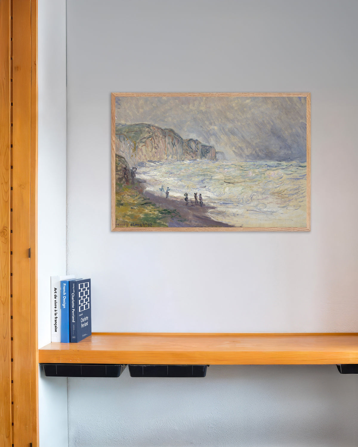 Poster Mare grosso a Pourville (1897) di Claude Monet con cornice in legno naturale