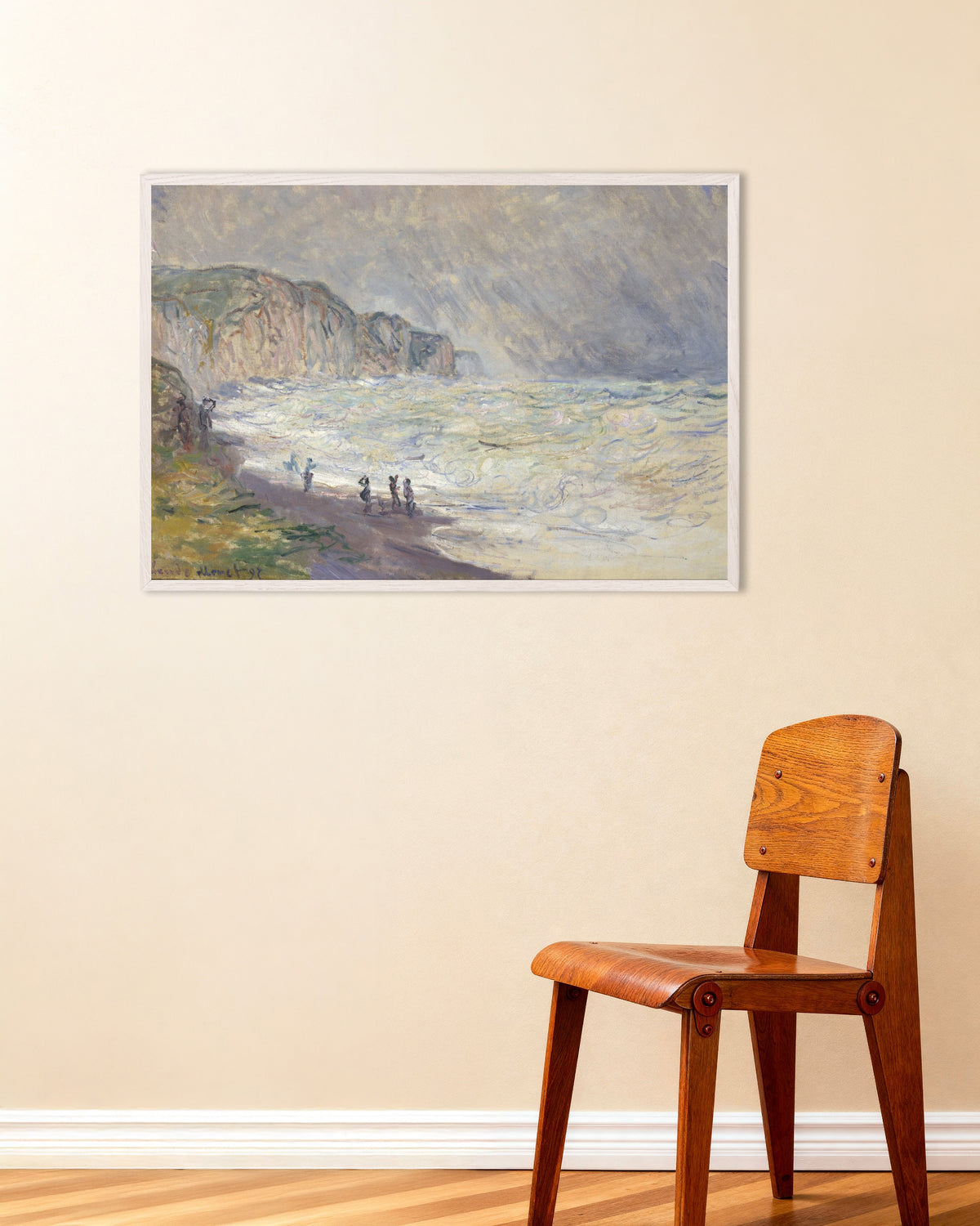 Poster Mare grosso a Pourville (1897) di Claude Monet con cornice in legno bianco