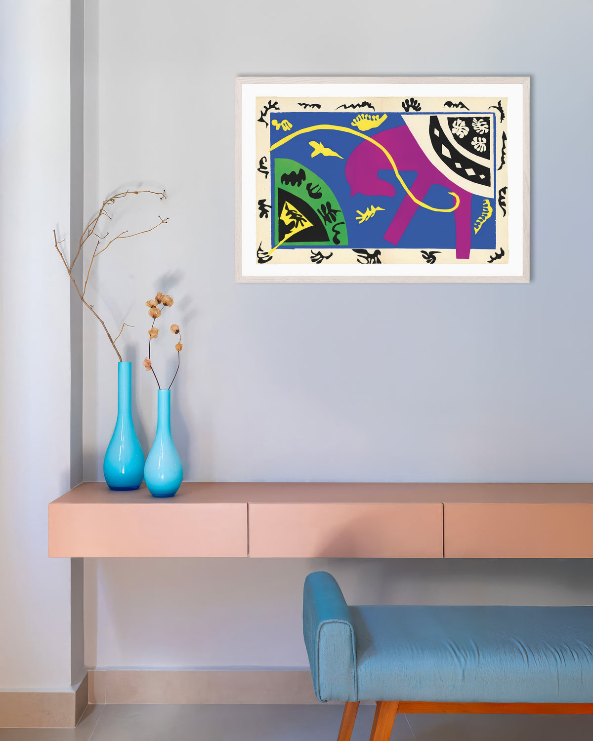 Poster di Cavallo, cavaliere e clown (Jazz, 1947) di Henri Matisse, con cornice in legno bianco