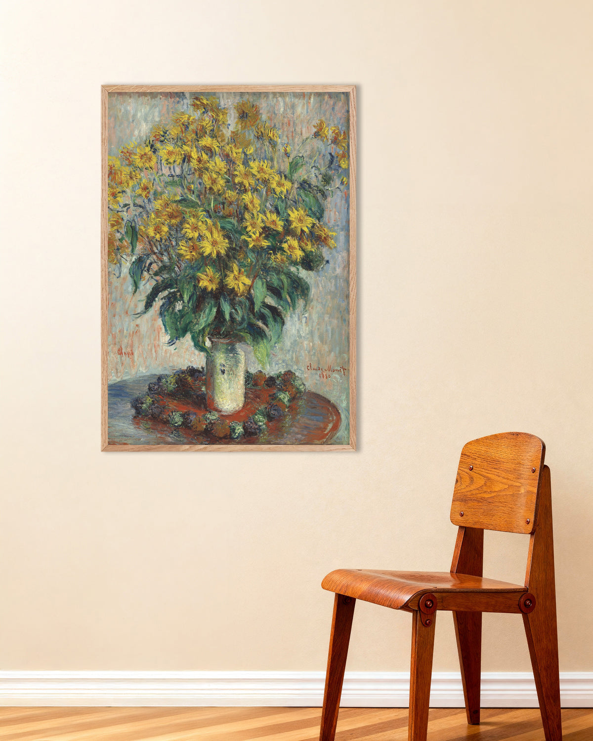 Poster Fiori di topinambur (1880) di Claude Monet con cornice in legno naturale