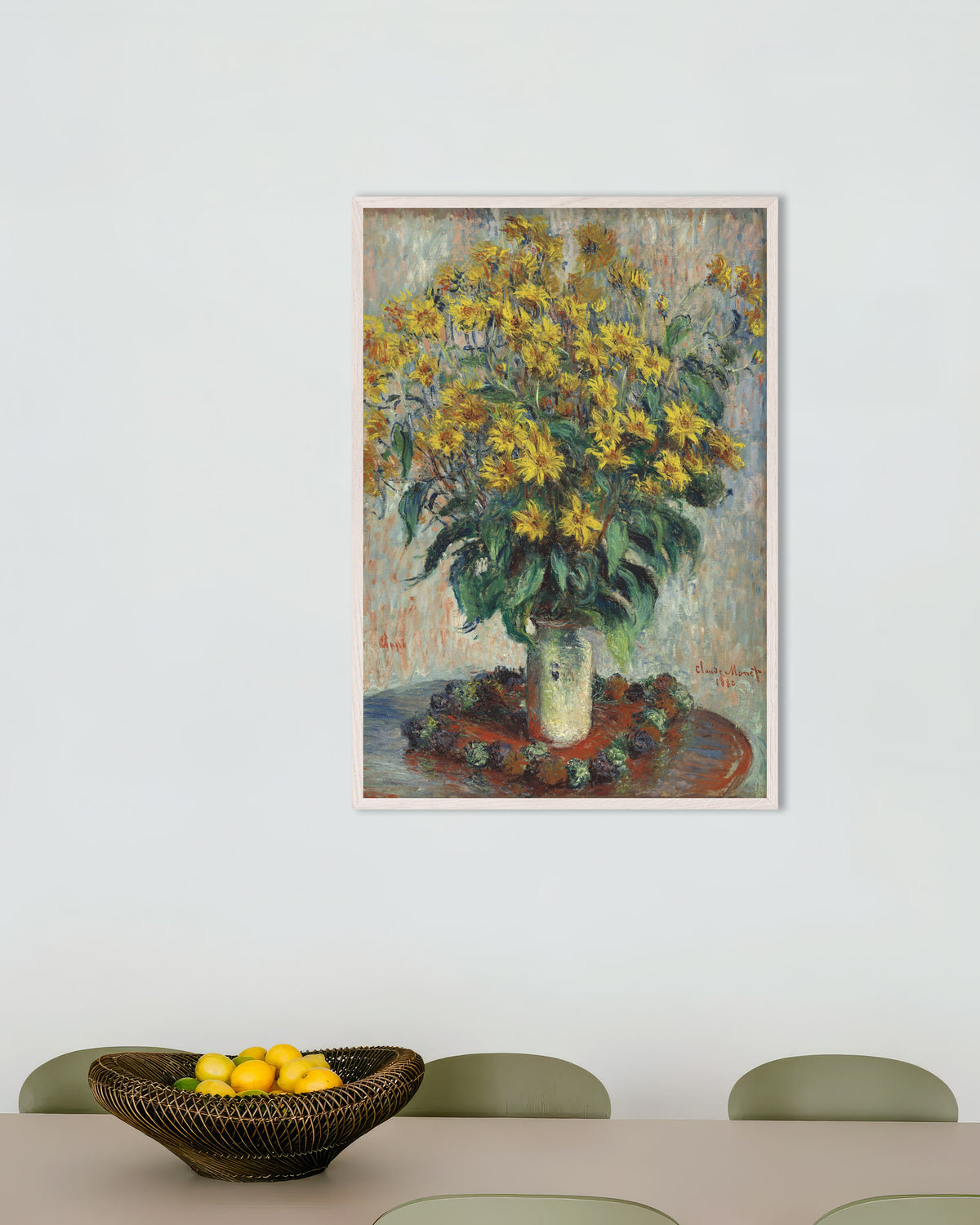 Poster Fiori di topinambur (1880) di Claude Monet con cornice in legno bianco