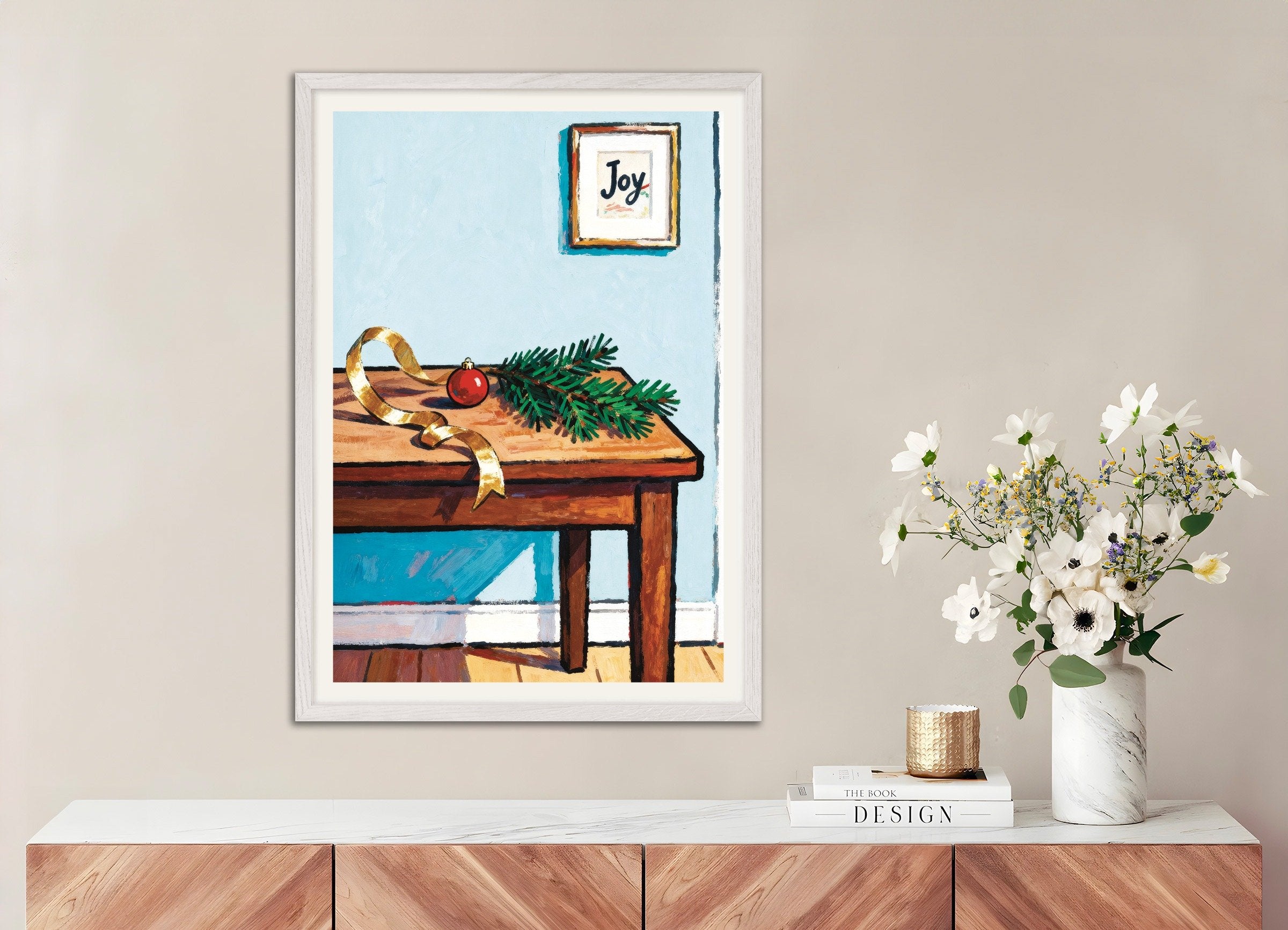 Poster of Joy Christmas table art print, with white wooden frame