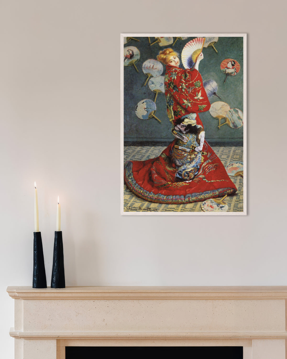 Poster La Japonaise, Camille Monet in costume giapponese (1876) di Claude Monet con cornice in legno bianco
