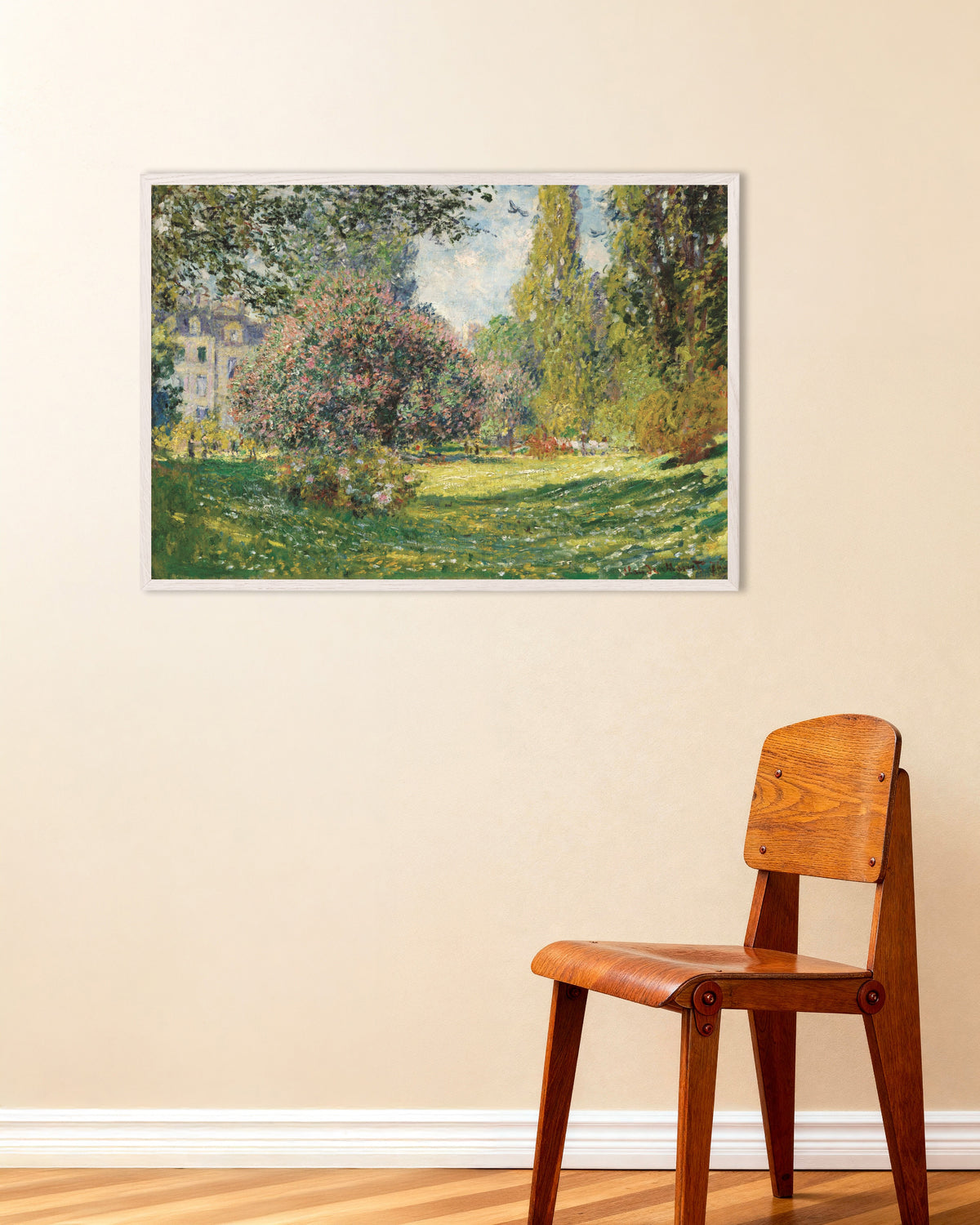 Poster Paesaggio, il Parc Monceau (1876) di Claude Monet con cornice in legno bianco