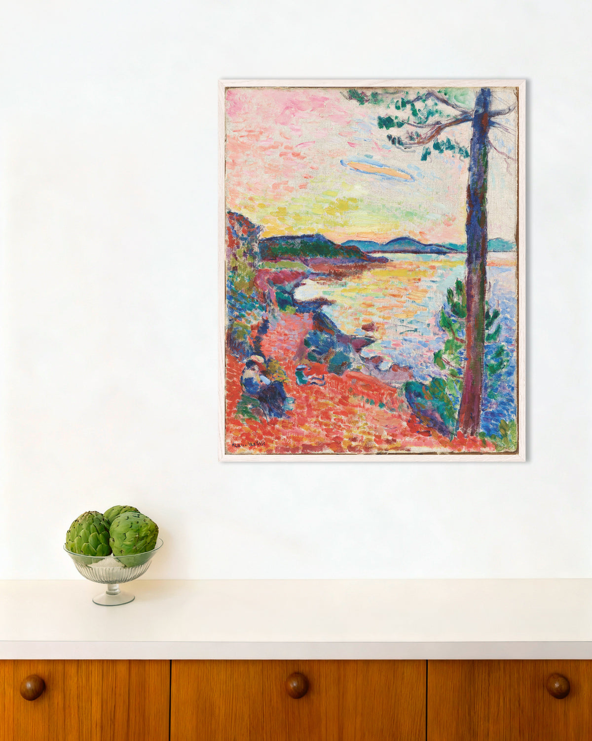 Poster di La merenda, Il golfo di Saint-Tropez (1904) di Henri Matisse, con cornice in legno bianco