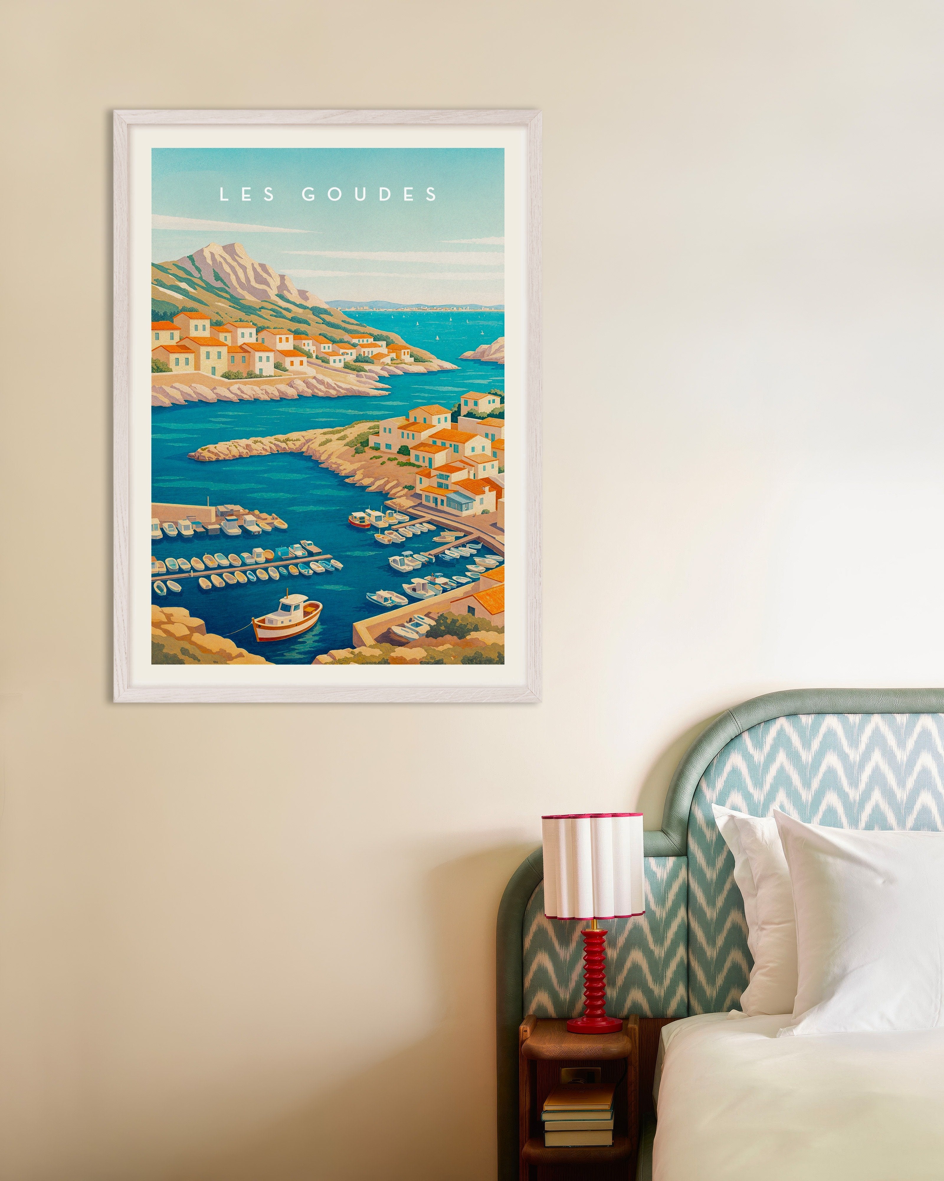 Poster of Les Goudes Marseille Travel Poster - Mediterranean Fishing Village, with white wooden frame