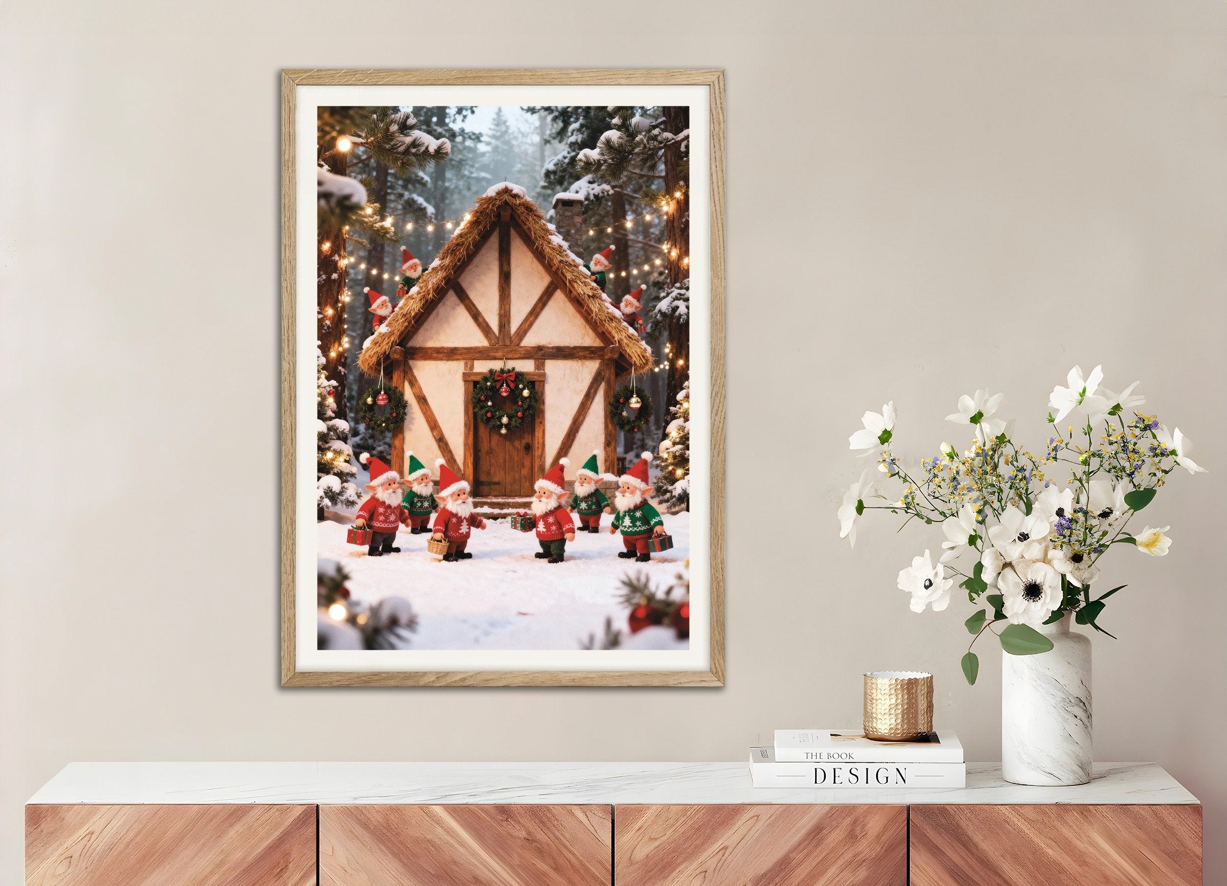 Poster of Little elves in the snowy forest poster, with natural wooden frame