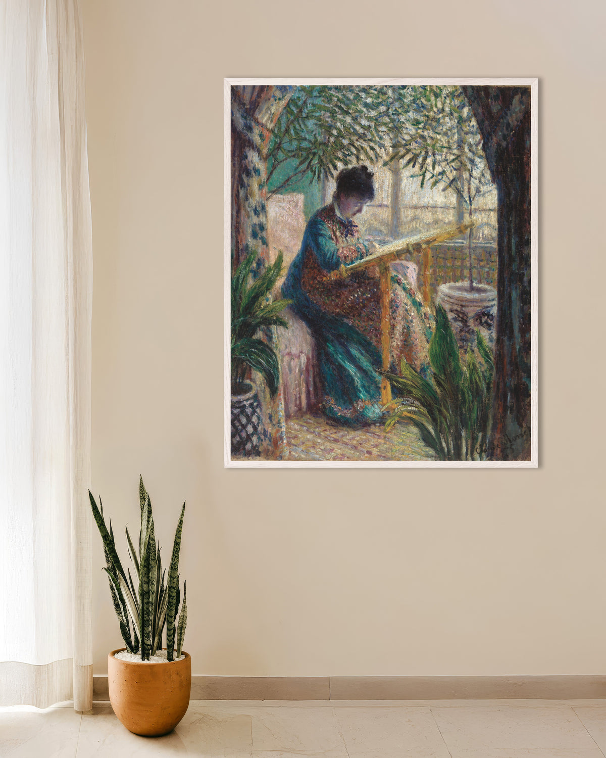 Poster Madame Monet ricama (1875) di Claude Monet con cornice in legno bianco