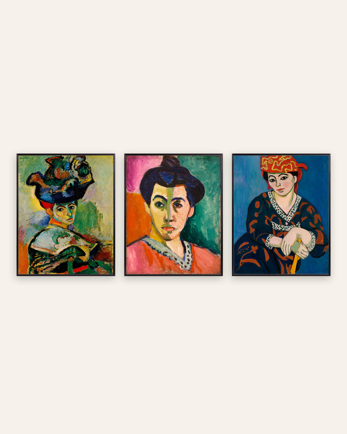 Poster Matisse, set da 3 ritratti fauve: Donna con cappello, Madame Matisse e Copricapo rosso madras, con cornici in metallo nero