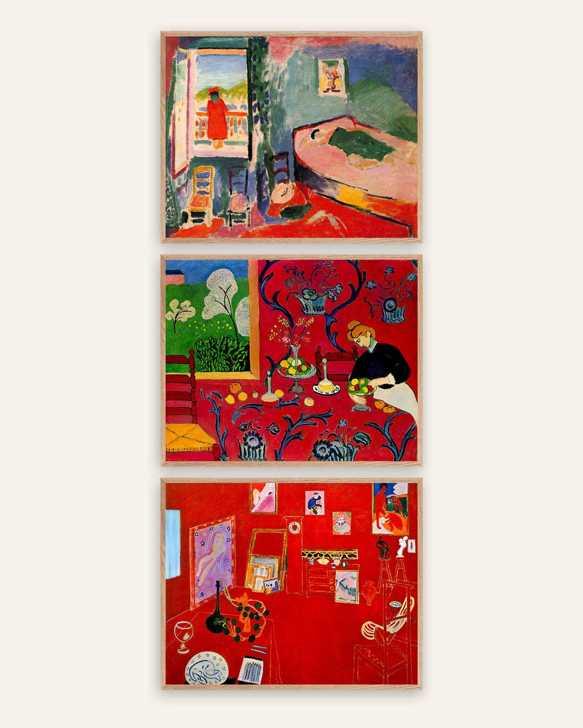Poster Matisse, set da 3: Interno a Collioure, Armonia in rosso e Lo studio rosso, con cornici in rovere naturale