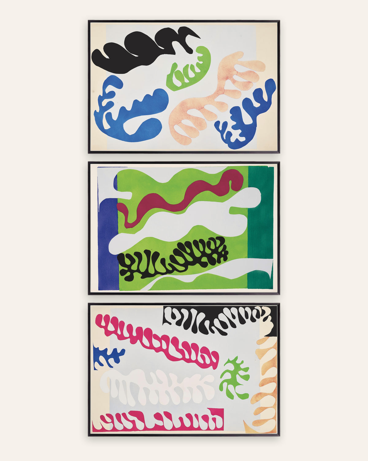 Poster Matisse Jazz, set da 3: La laguna in blu, verde e rosa, con cornici in metallo nero
