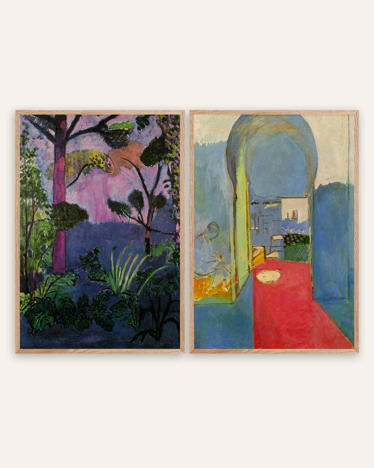 Poster Matisse, set da 2: Paesaggio marocchino (Acanto) e Ingresso alla Casbah, con cornici in rovere naturale