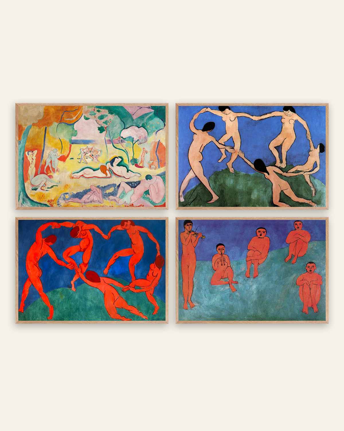 Poster Matisse, set da 4: La gioia di vivere, La danza I e II e Musica, con cornici in rovere naturale