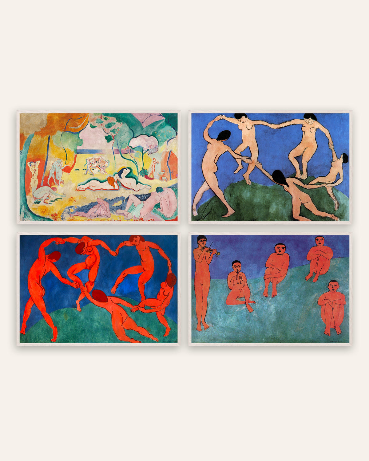 Poster Matisse, set da 4: La gioia di vivere, La danza I e II e Musica, con cornici in rovere bianco