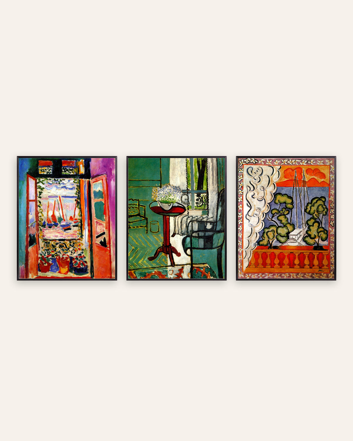 Poster Matisse, set da 3: finestre di Collioure, con nontiscordardimé e a Tahiti, con cornici in metallo nero