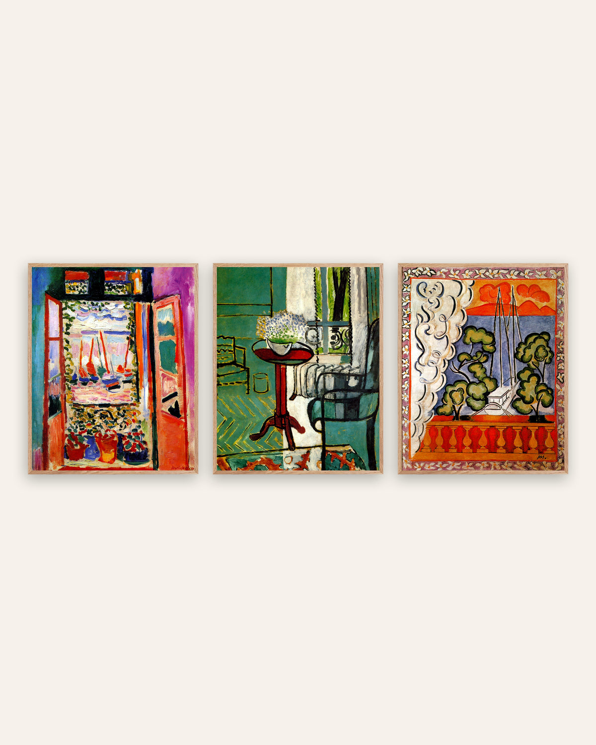 Poster Matisse, set da 3: finestre di Collioure, con nontiscordardimé e a Tahiti, con cornici in rovere naturale