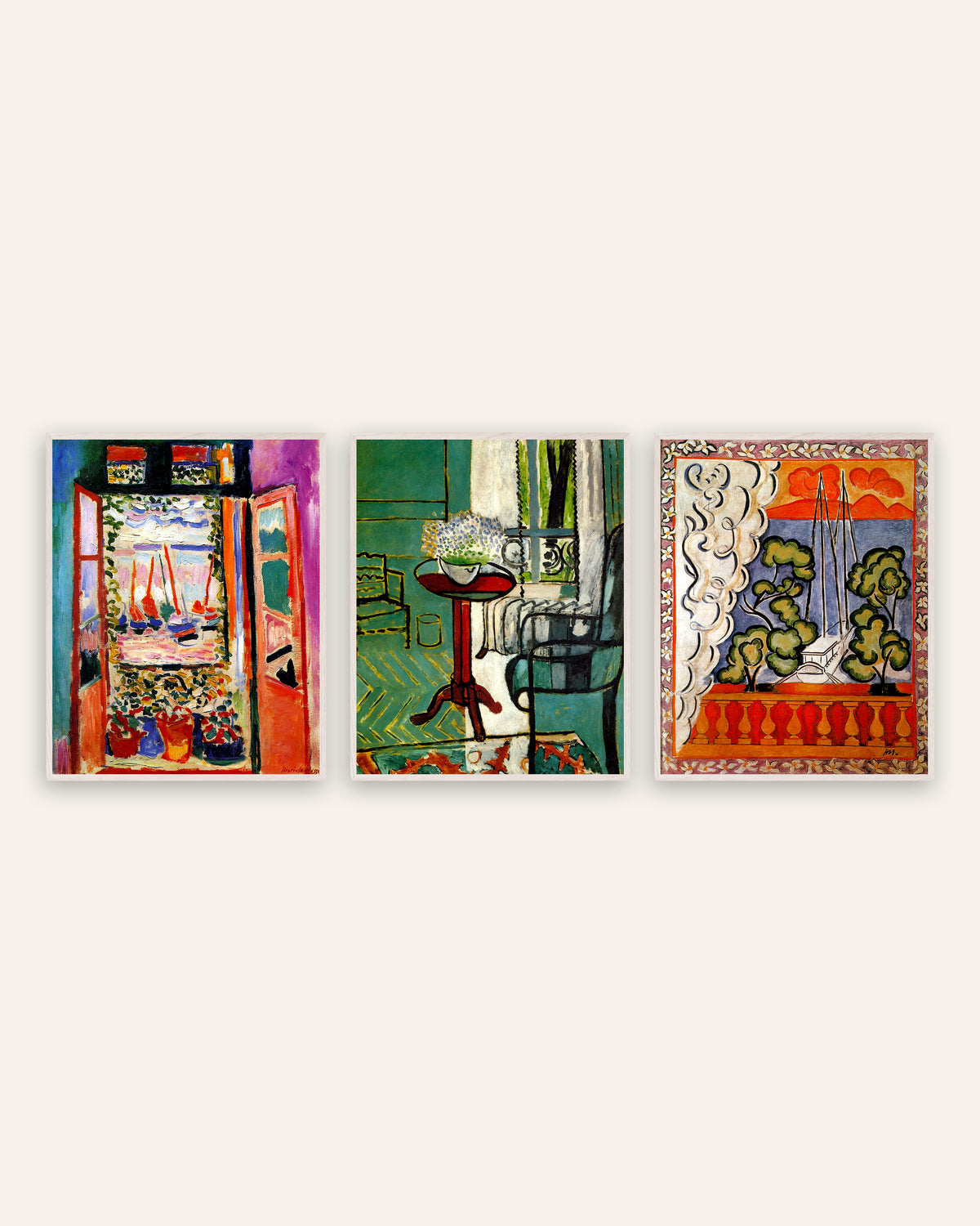 Poster Matisse, set da 3: finestre di Collioure, con nontiscordardimé e a Tahiti, con cornici in rovere bianco