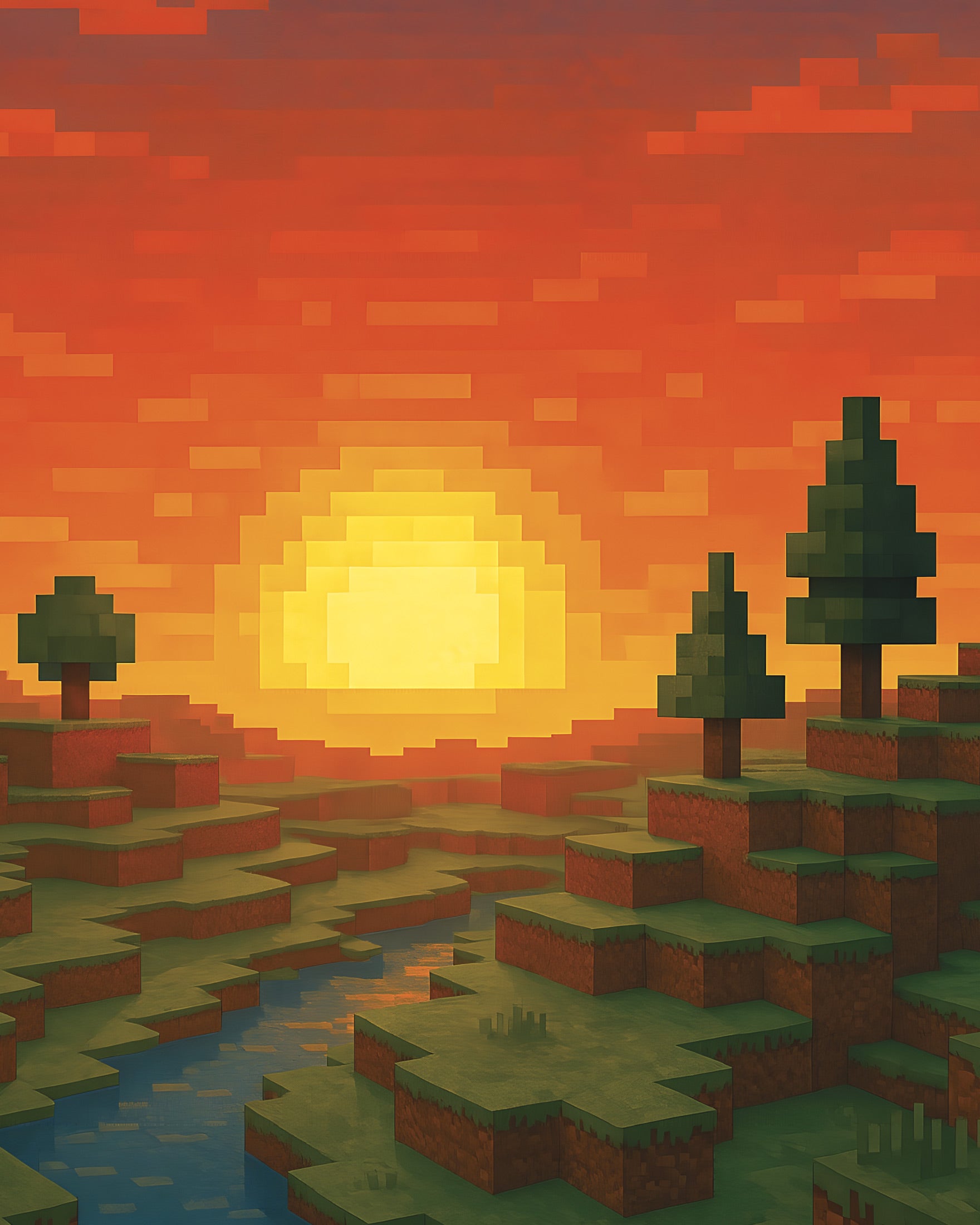 Minecraft Sunset – poster fan in pixel art con fiume e alberi