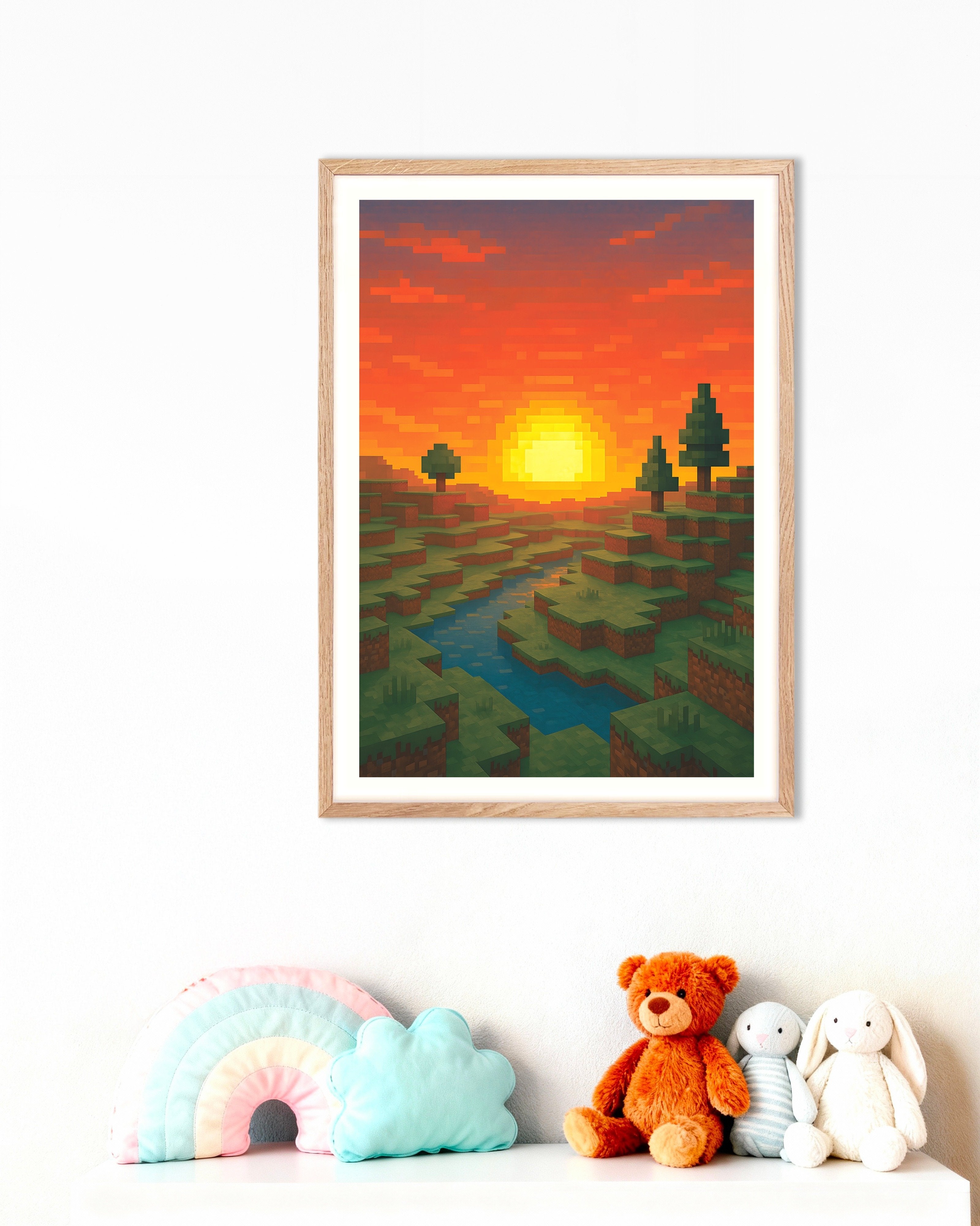 Poster of Minecraft Sunset – pixel art fan poster with river and trees, with natural wooden frame
