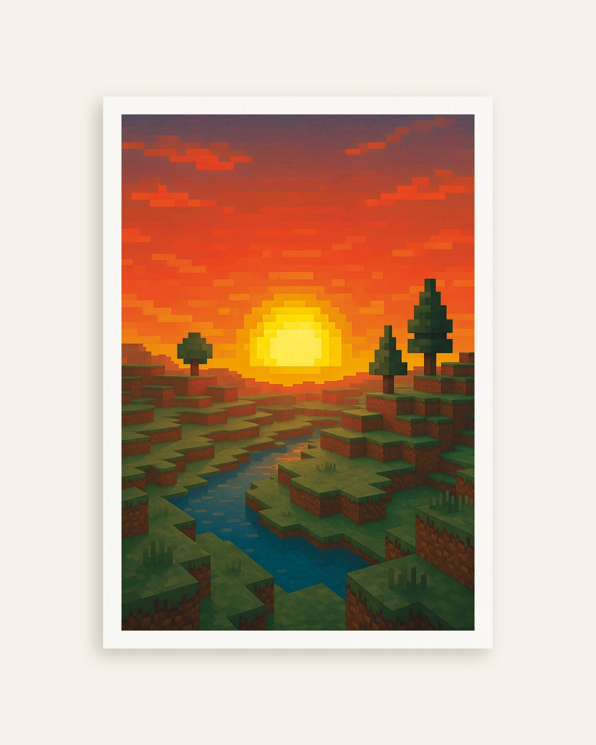 Tramonto: poster per appassionati di arte a pixel con fiume e alberi, miniatura