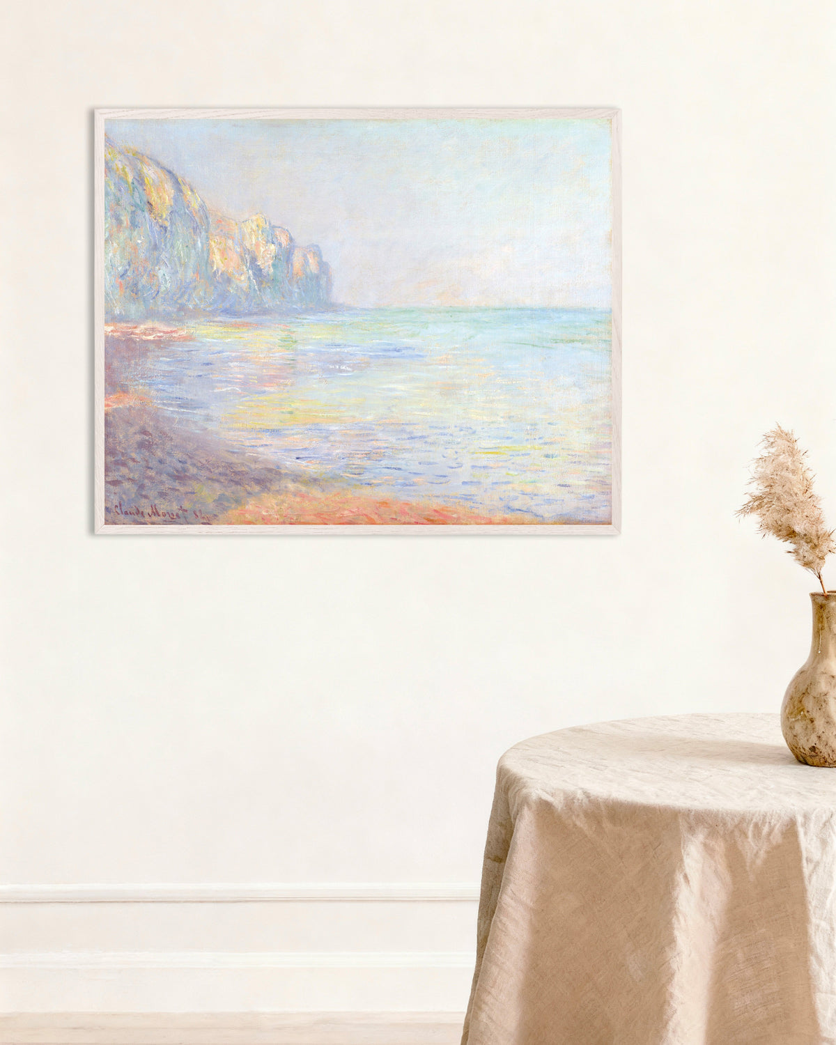 Poster Mattino, tempo nebbioso, Pourville (1882) di Claude Monet con cornice in legno bianco